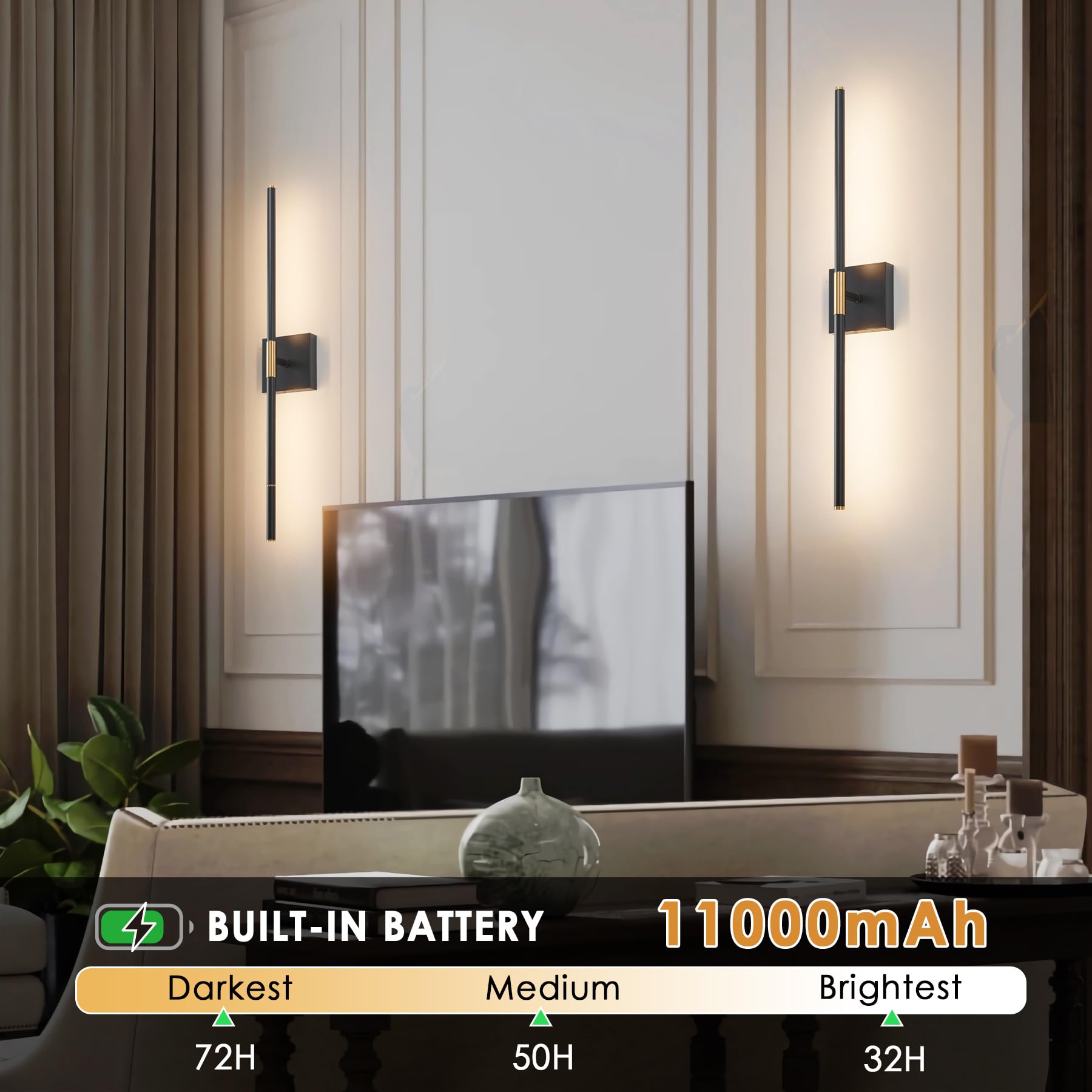 Battery Operated Black & Gold Wall Sconces Set Of 2, 30'' Wireless Rechargeable Wall Lights With Remote Control, 3000K-6000K Ste