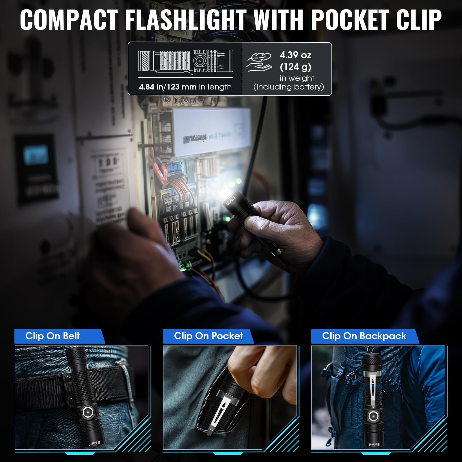 Banral Tactical Flashlight - High Lumens USB-C LED, Waterproof, 4 Modes, Compact EDC, Mini Size, Black, Model K518 (2 Pack)