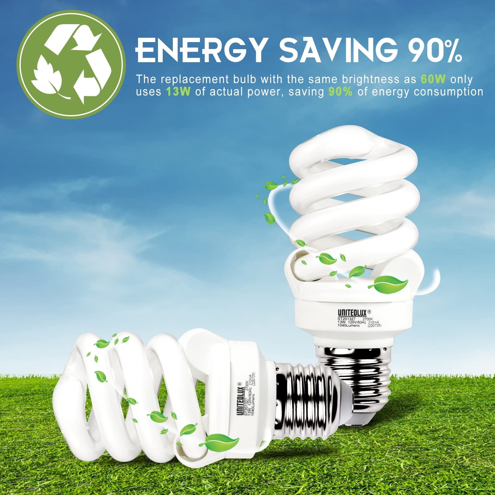 Unitedlux E26 Spiral Cfl Light Bulbs Medium Base 13Watt (60Watt Equivalent) Soft White 2700K, 1040Lm Non-Dimmable Compact Fluore