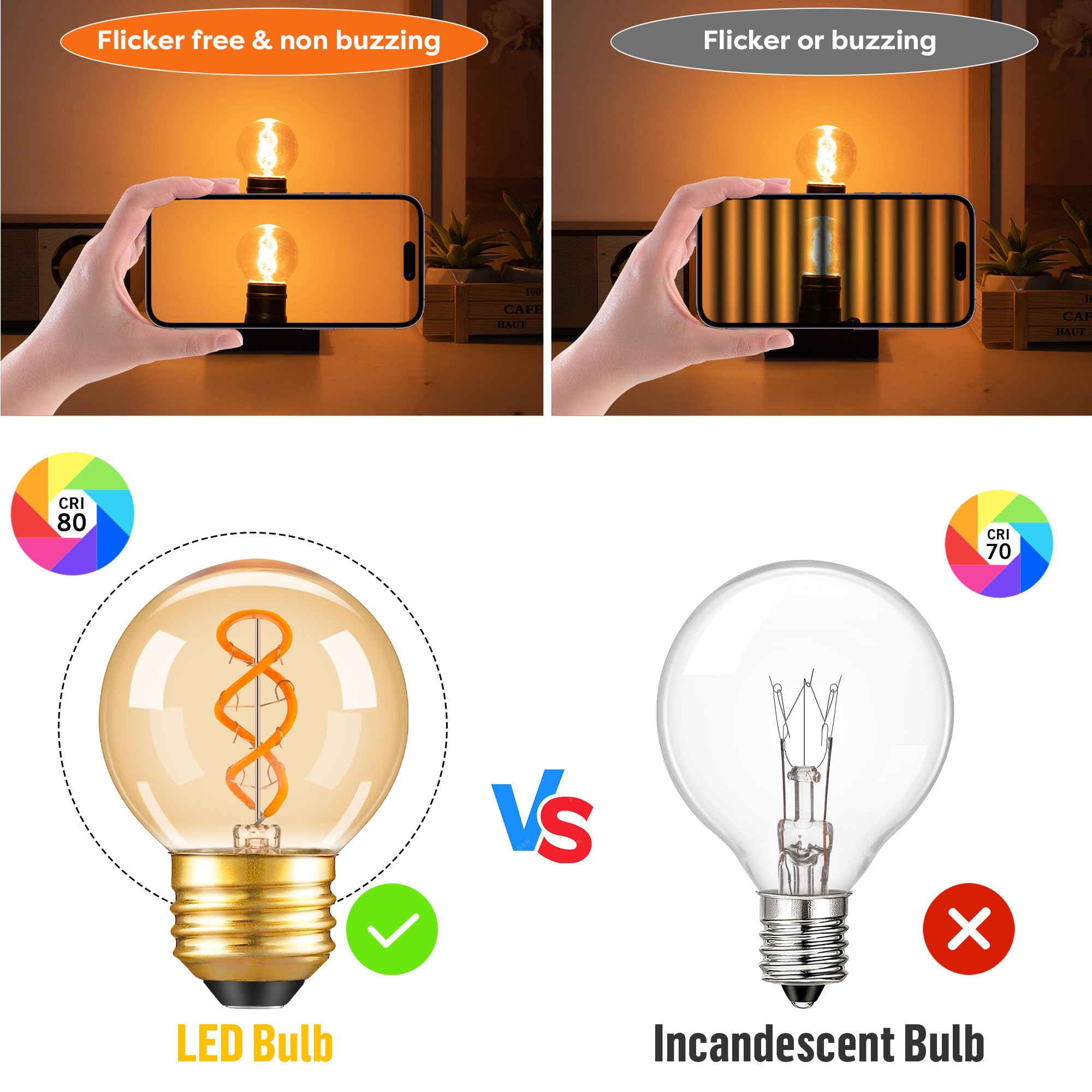 Dimmable E26 Vintage Amber Led G16.5 Light Bulb 25W Equal 3W Short Light Bulbs,G16.5/G50 Small Round Edison Bulbs Spiral Filamen