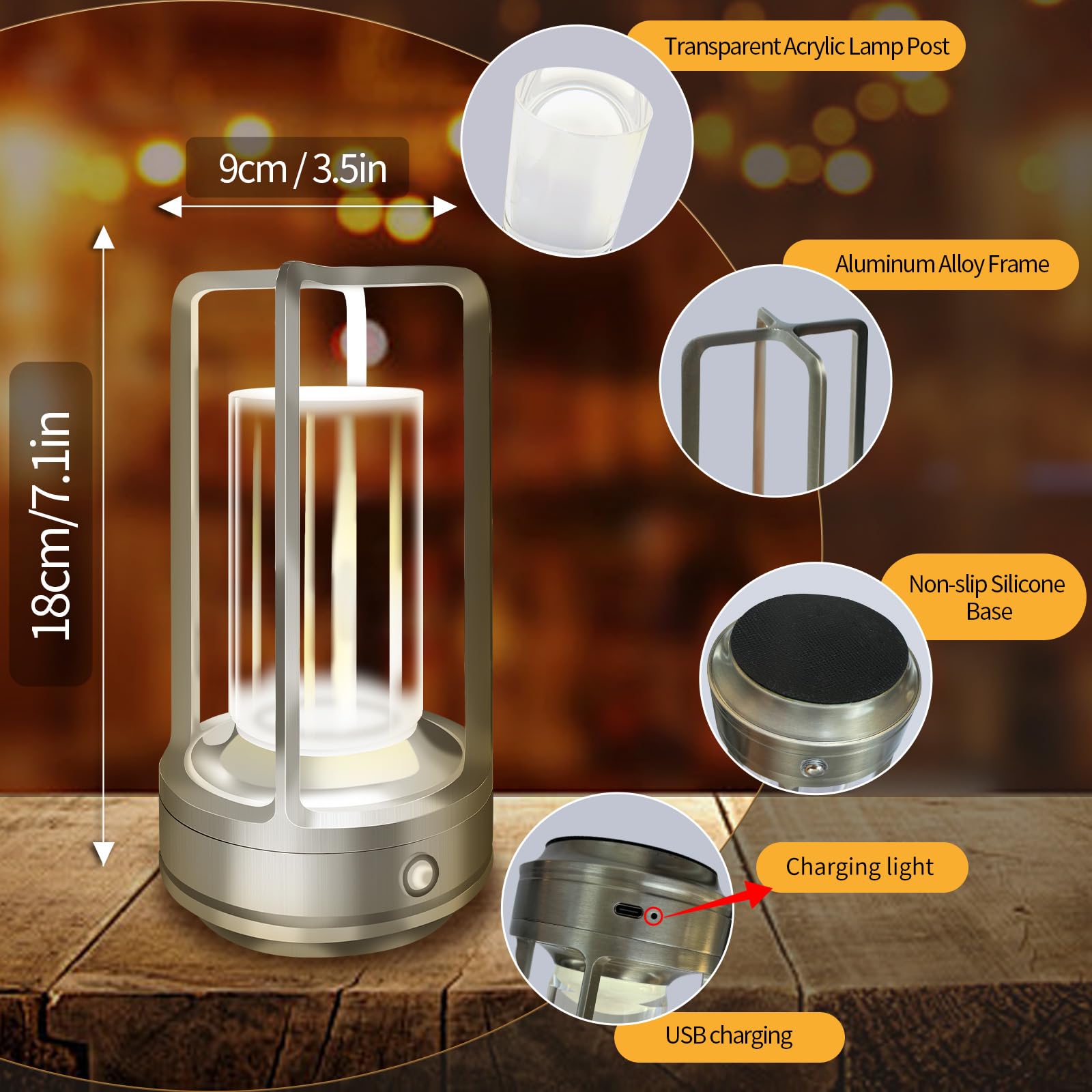 LAYSHINEEN Portable Metal Table Lamp, 4000 mAh Rechargeable Outdoor Table Lights, 3 Color Stepless Dimmable Cordless Table lamp