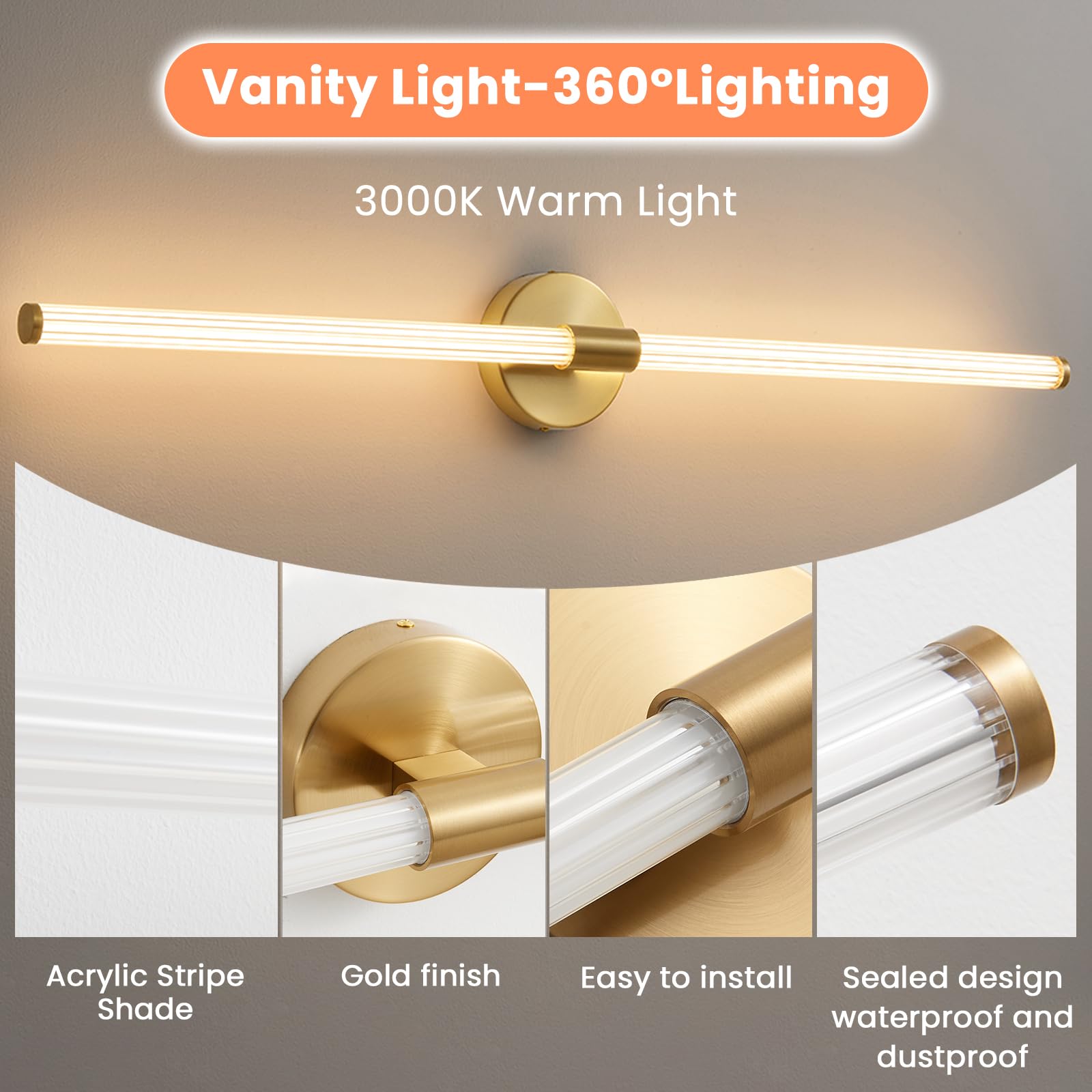 Gednbo Dimmable LED Bathroom Vanity Light Fixture, 39 inch, Gold, Metal, Model 1738, Modern Wall Sconce for Bathroom, Bedroom, Living Room