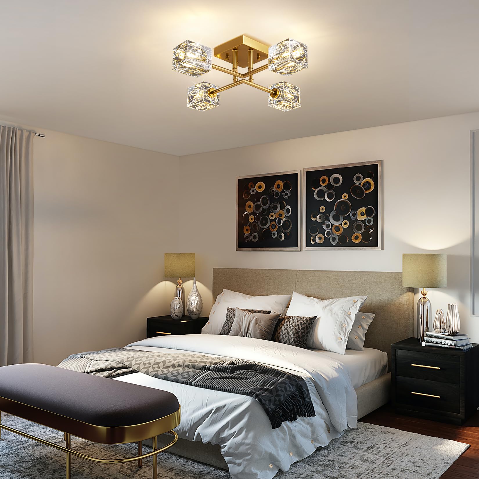 Okes Gold Modern Sputnik Chandelier Ceiling Light Fixtures,4-Lights Industrial Crystal Semi Flush Mount Ceiling Light For Bedroo