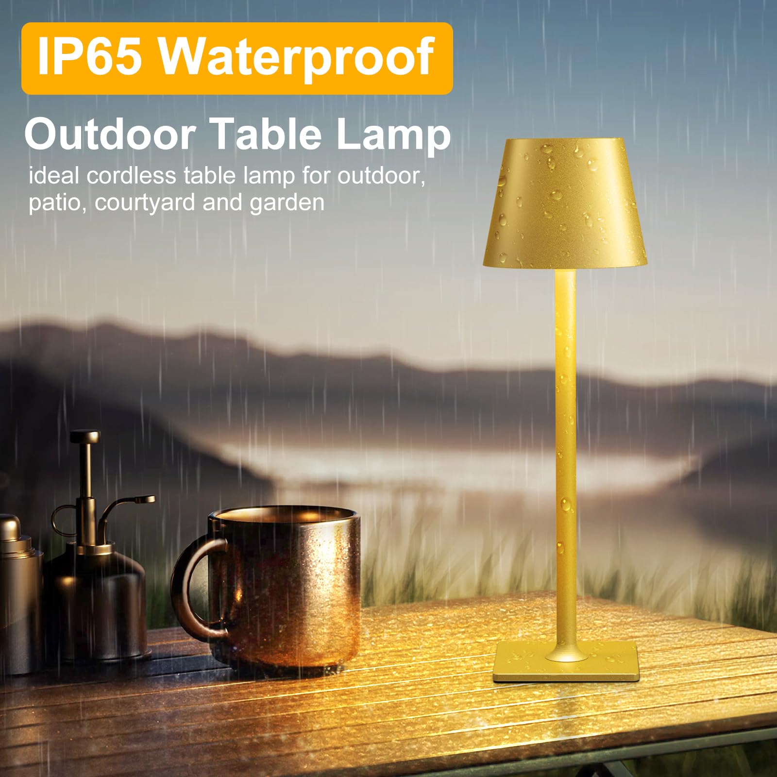 FenFud Gold Cordless Table Lamp - 2 Pack, 6000mAh Battery, Waterproof, Touch Control, 3 Color Dimming, Indoor/Outdoor Use