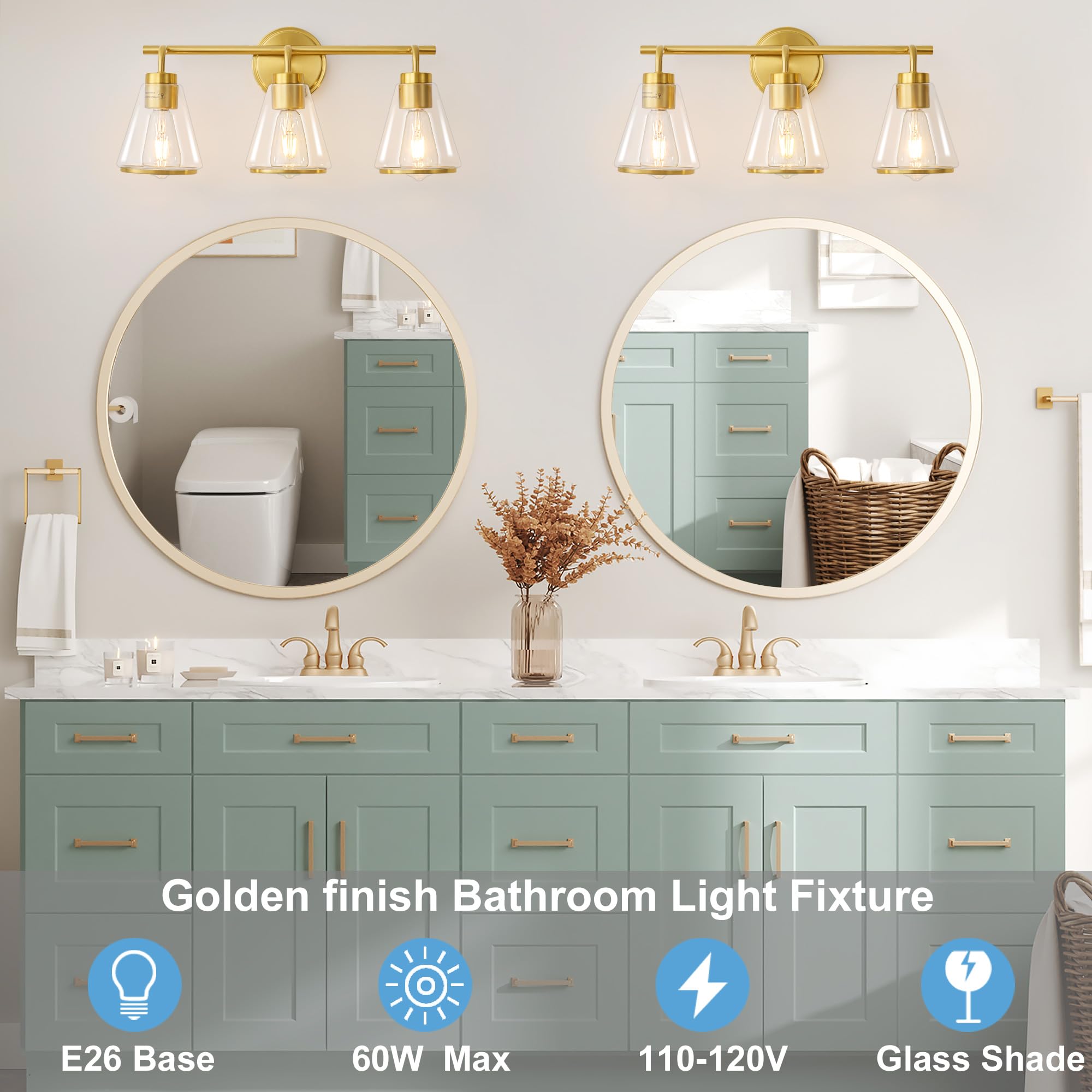 Nadosa Gold Vanity Light Bathroom Light Fixtures Over Mirror 3 Lights Bathroom Vanity Lights With Clear Glass Shade 22 Inch Modern Wall Sconce Bathroom Lights For Bath