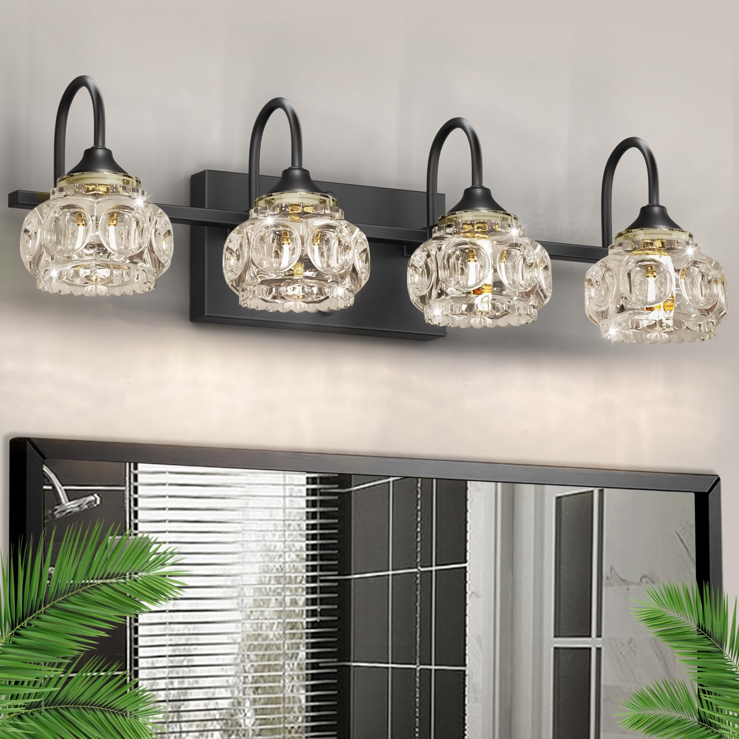 DIKAIDA 4-Light Bathroom Vanity Light Fixtures, Matte Black, Metal, Model JQDHW-HS-4, Crystal Glass Shade