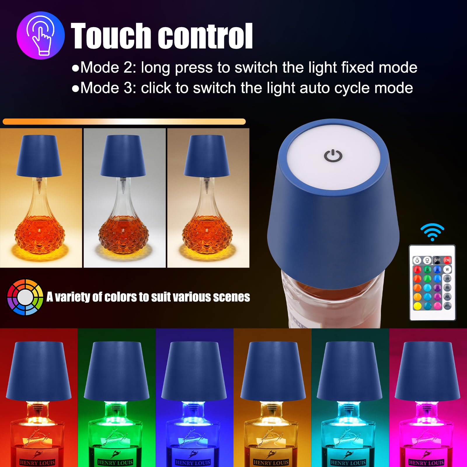 TGXCF Wireless Bottle Lamp, Rechargeable RGB, Waterproof Touch Lamp, 1PCS, Blue RGB - Remote Control