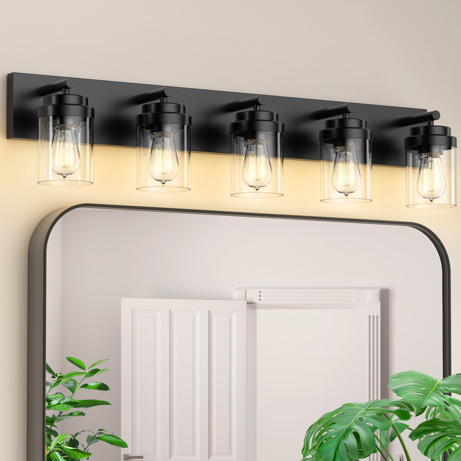 Izorro Bathroom Vanity Light Fixture  5-Light 36 Inch Matte Black Bathroom Light Fixtures Over Mirror  With Clear Glass Shade  Modern Farmhouse Vanity Lights  Rustic Restroom Lighting Fixtures