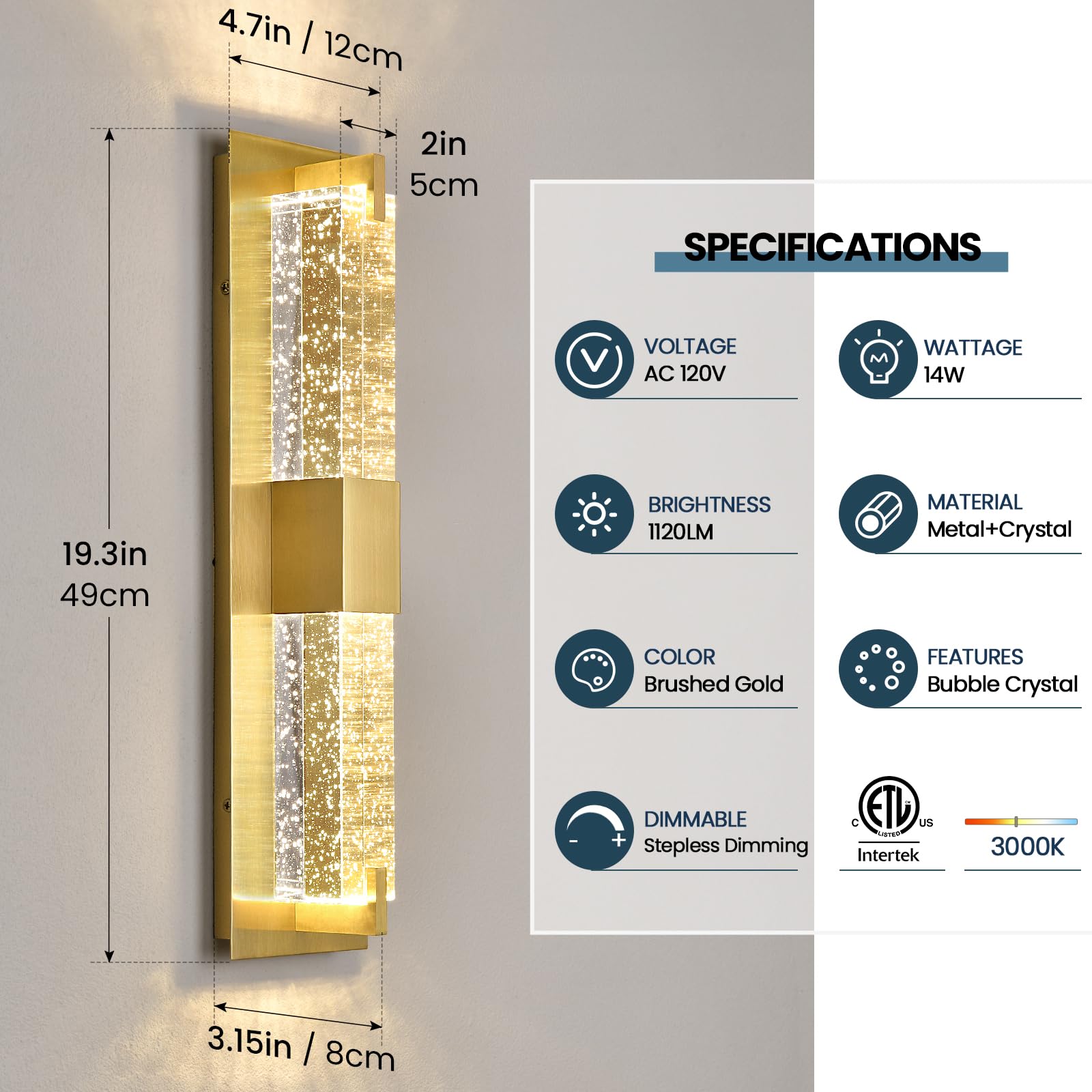 WOSHITU LED Wall Sconce Light - 19" Gold Dimmable Crystal Fixture for Bathroom, Living Room, Bedroom, Hallway