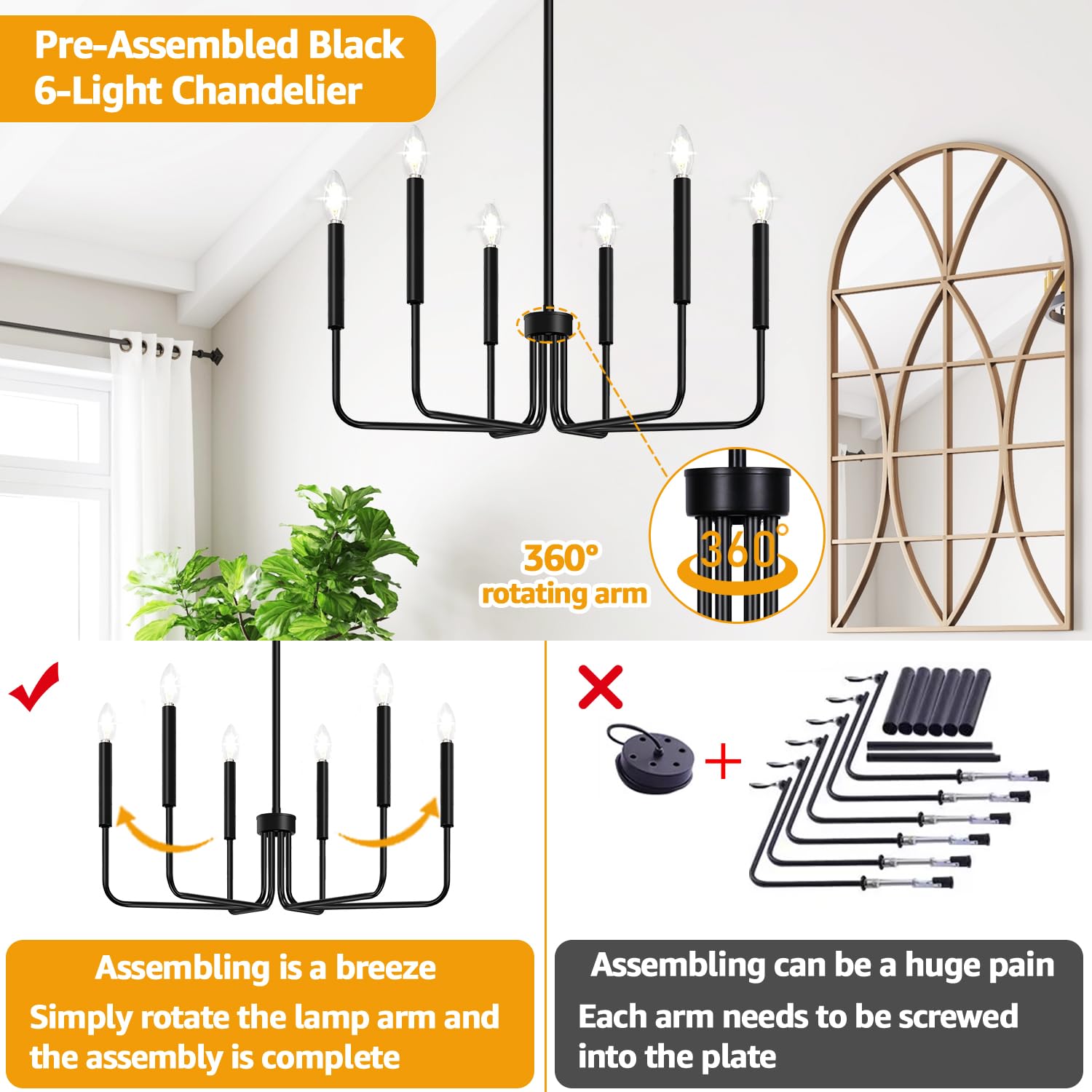 Black Chandelier, 6-Light Farmhouse Chandelier For Dining Room Lighting Fixtures Hanging, Dining Light Fixtures Industrial Moder