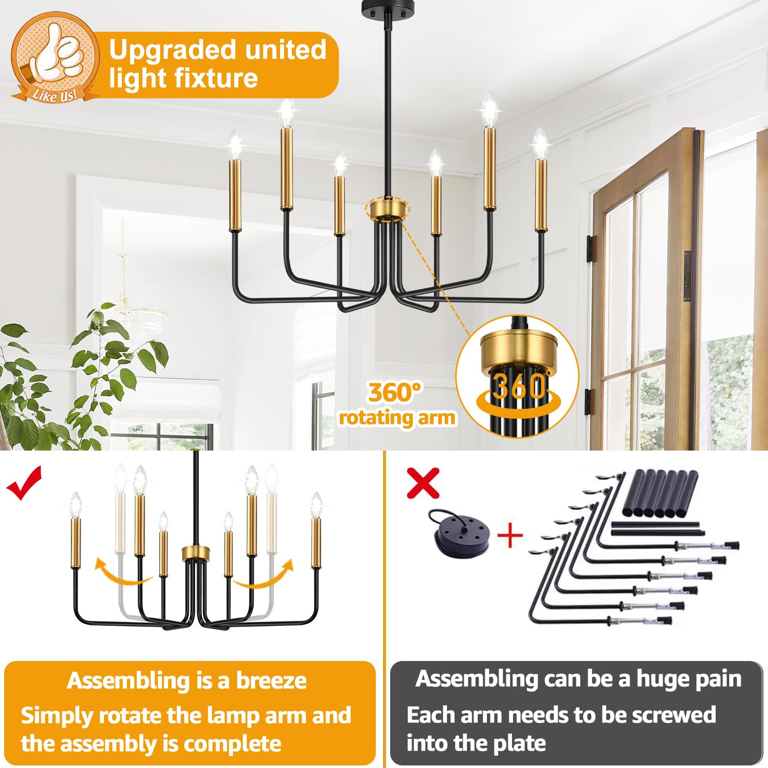 Black And Gold Chandelier, 6-Light Farmhouse Chandelier For Dining Room Lighting Fixtures Hanging, Dining Light Fixtures Industr
