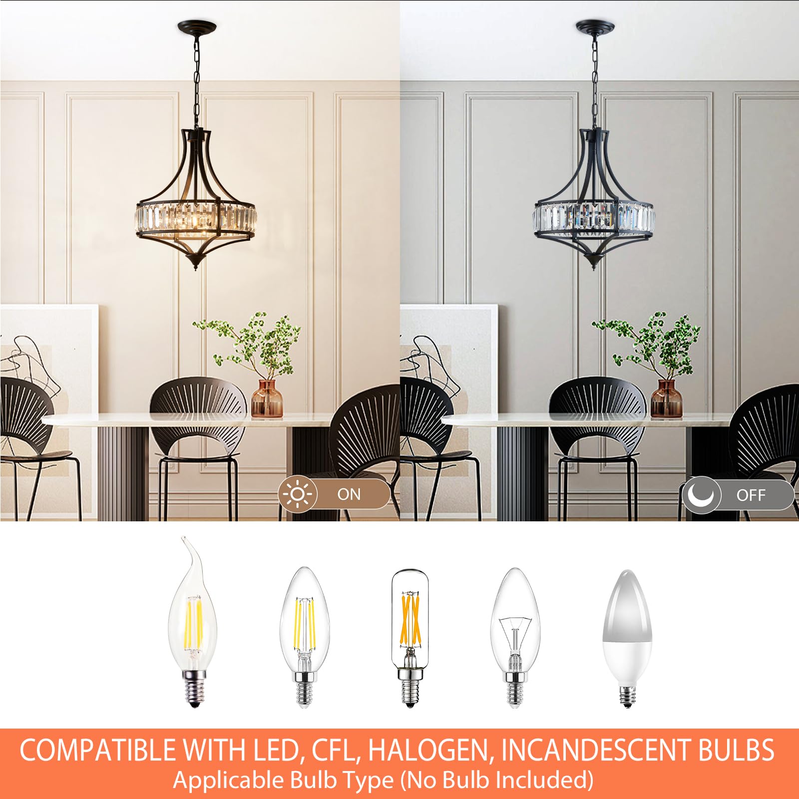 Majhoiw 4-Light Crystal Chandelier - Rustic Metal Shade, Round Design for Dining Room, Hallway, Foyer - 15.7" Black
