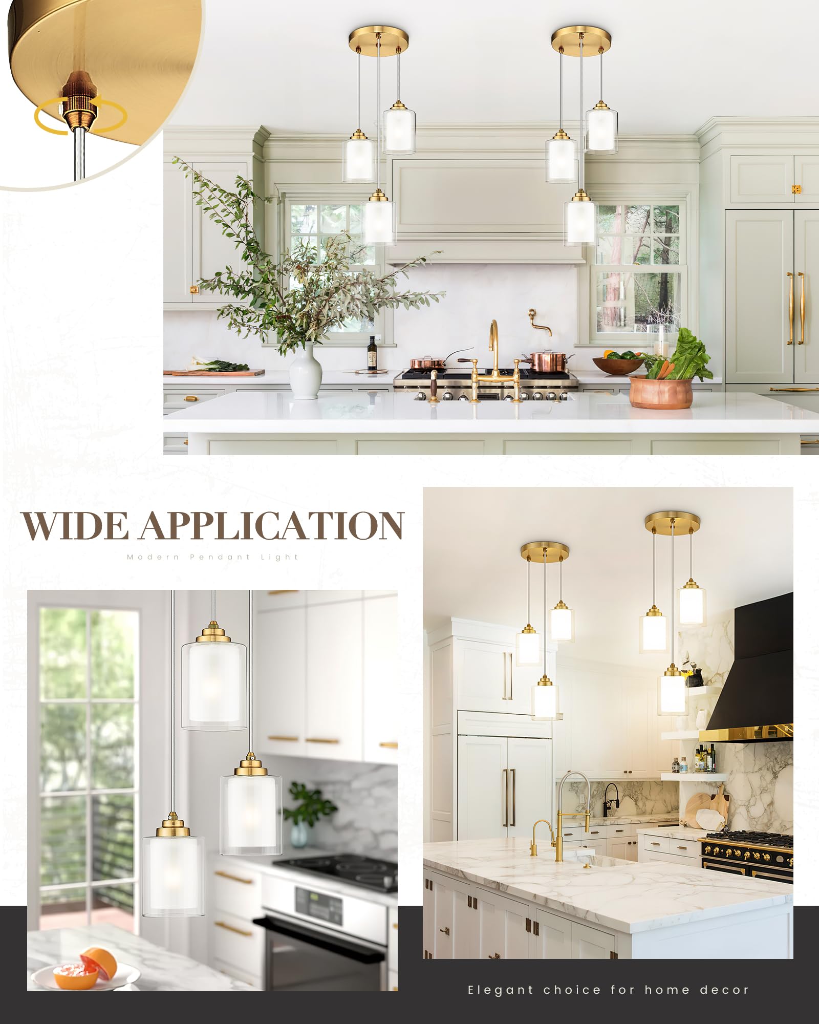 Tengxin 3 Light Pendant Light,Brushed Gold Modern Pendant Light For Kitchen Island,Dual Glass Shade,Farmhouse Pendant Lighting F