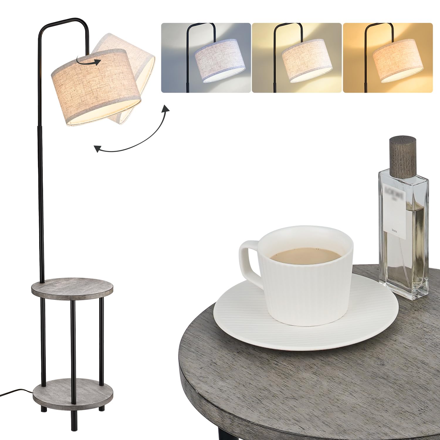 ELYONA Solid Wood Floor Lamp - Rustic Side Table Lamp for Bedroom & Living Room - Mid Century Modern Floor Lamp with 3 Color Tem