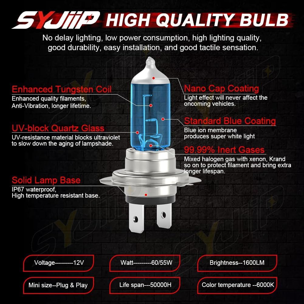 SYJIIP Halogen Headlight Bulbs 9005 H7 High Beam & Low Beam 6000K White 300% Brightness Compatible Subaru Legacy/Outback 4-Pack
