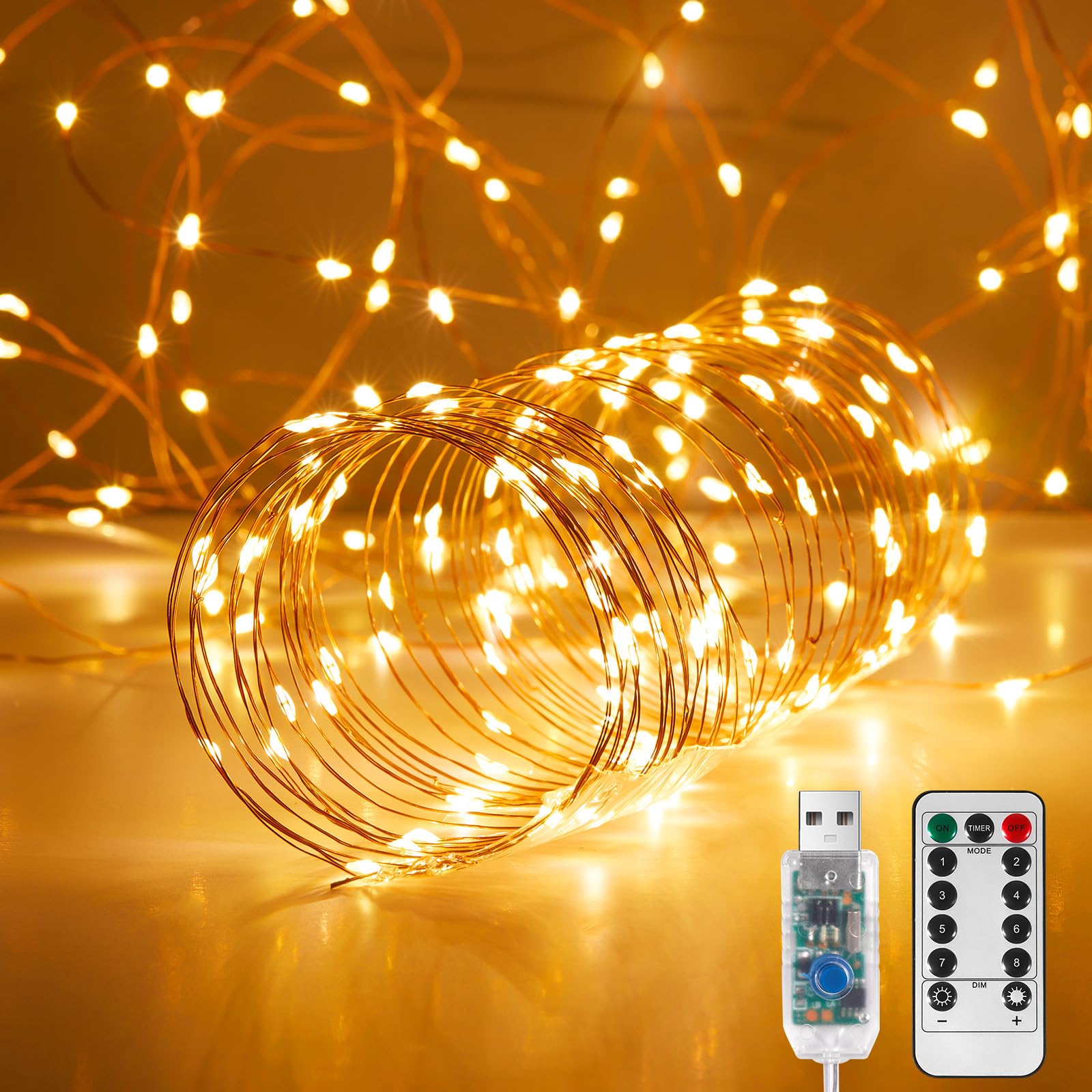 Ariceleo 2 Pack 32. 8 ft. USB Powered Fairy Lights with Remote & Timer  100 LED USB Twinkle String Lights - Silver Wire  8 Modes  Waterproof  Warm White Starry Lights for Party  Wedding  Christmas