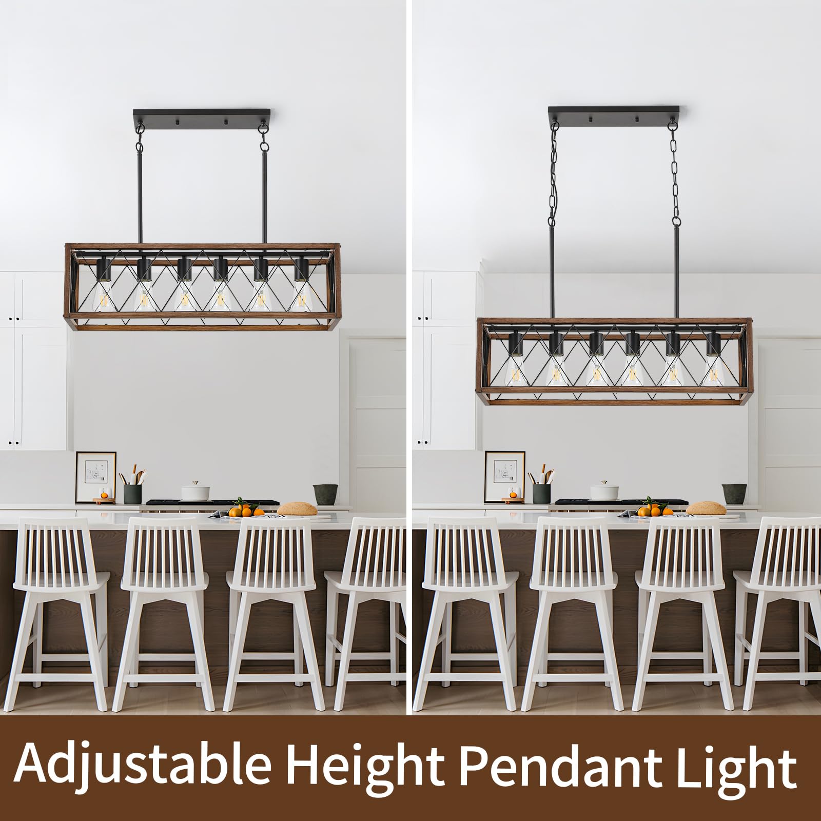 KEESFU 6-Light Wood Grain Chandelier, Adjustable Rustic Pendant Light for Dining Room and Kitchen