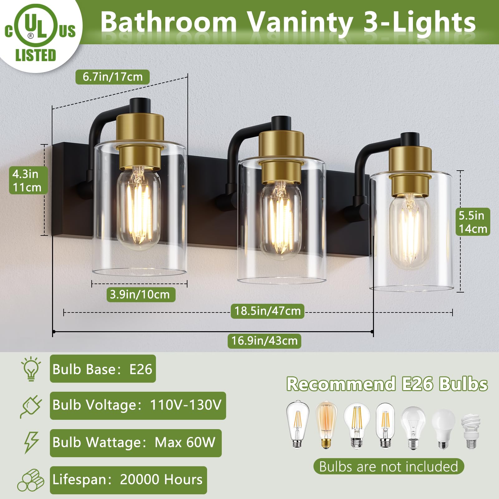 Dpyrrhic 3-Light Bathroom Light Fixtures, Matte Black and Gold, Metal, JD-188, Modern Wall Sconces with Clear Glass Shade