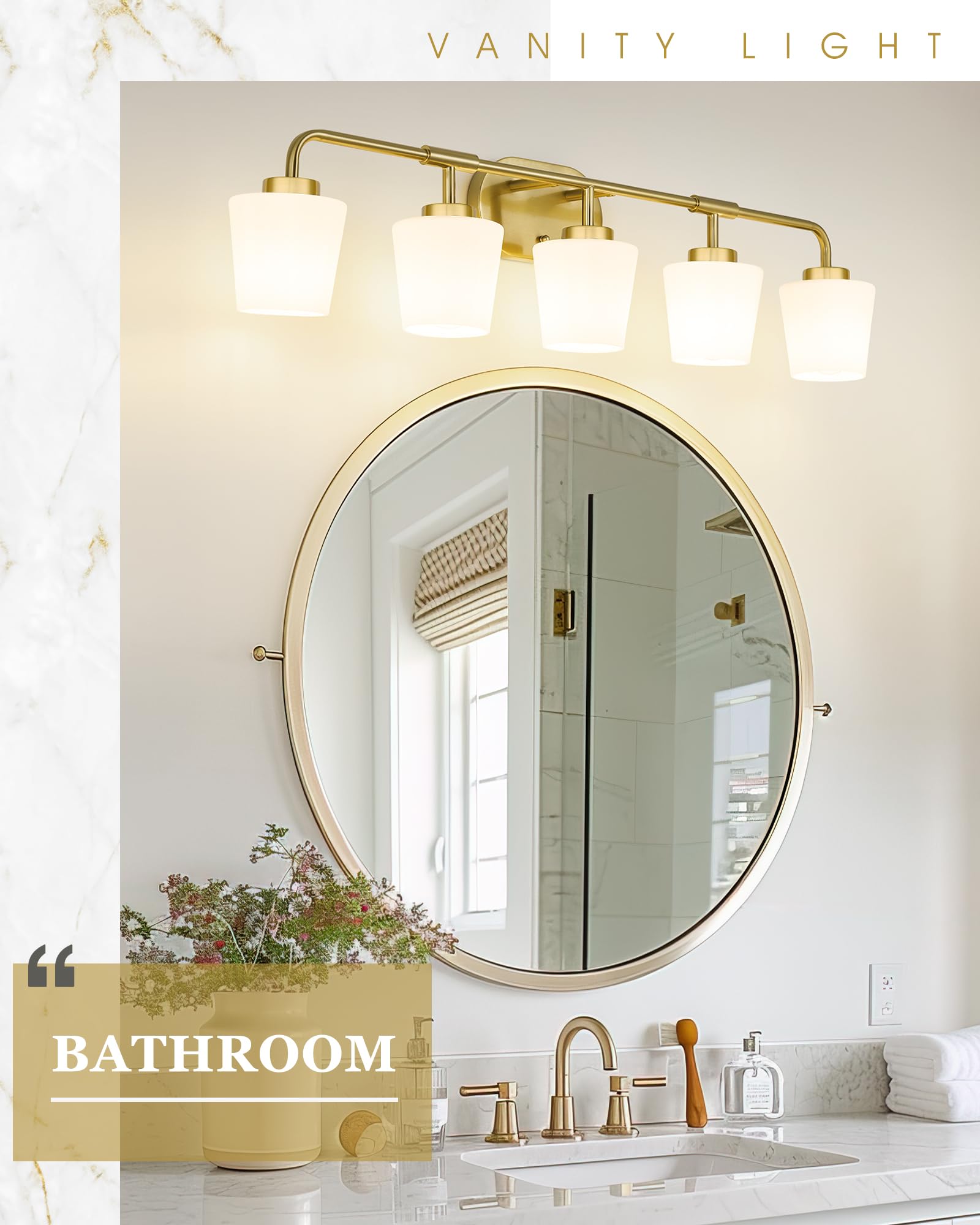 Audickic 5-Light Bathroom Vanity Light Fixture, Brushed Gold, Milk White Glass, Model AD-22004-5W-GD, 38inch Farmhouse Wall Sconce