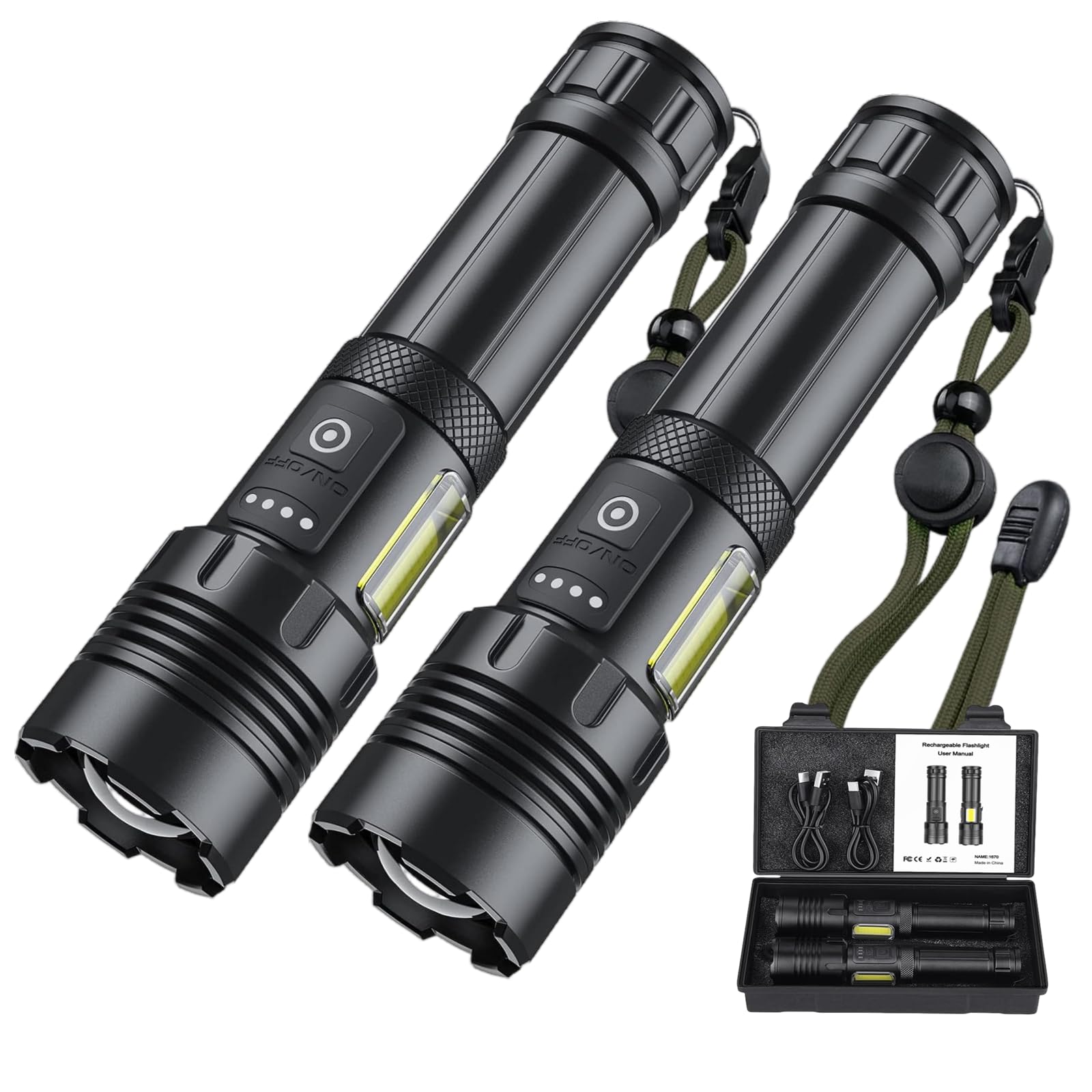 WSSBOND Rechargeable Flashlights, 7 Modes, LED, Aluminum, Black, Model FL1670, 2-Pack