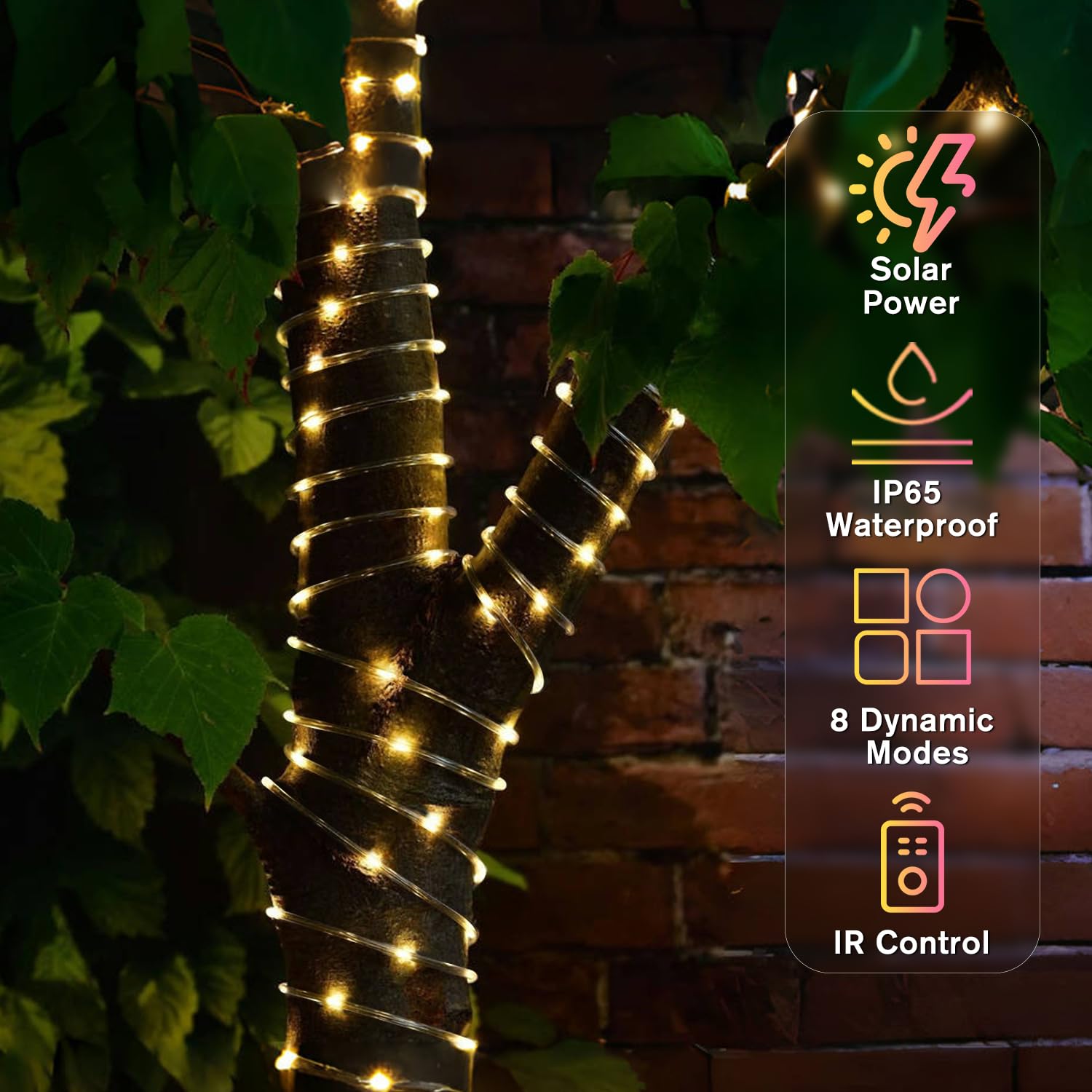 ANJAYLIA Solar Rope Lights 200 LED Waterproof 66FT with Timer Remote Warm White