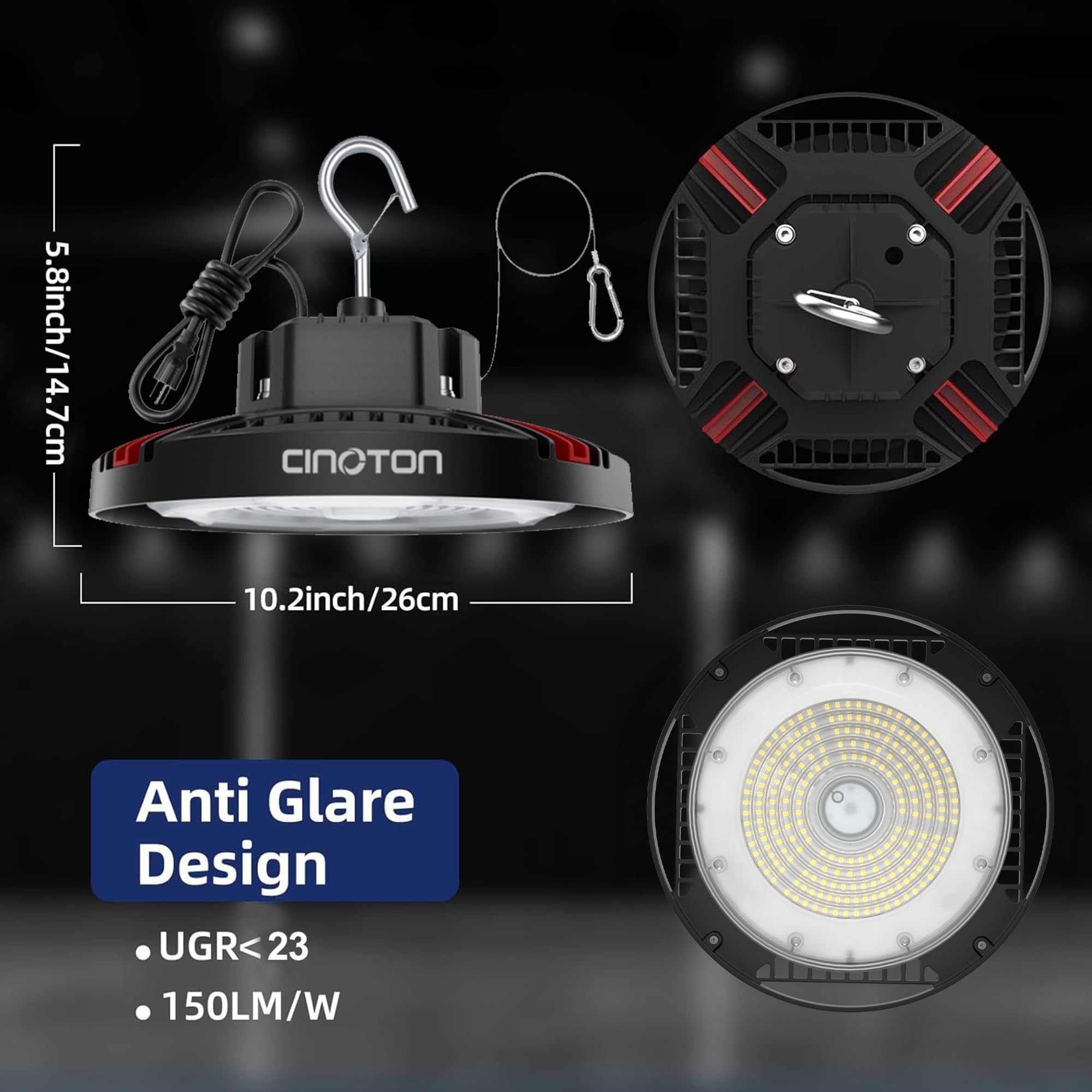 CINOTON 160W UFO LED High Bay Light, 24000LM, 5000K, Aluminum, 2 Pack, ETL Listed, Daylight White