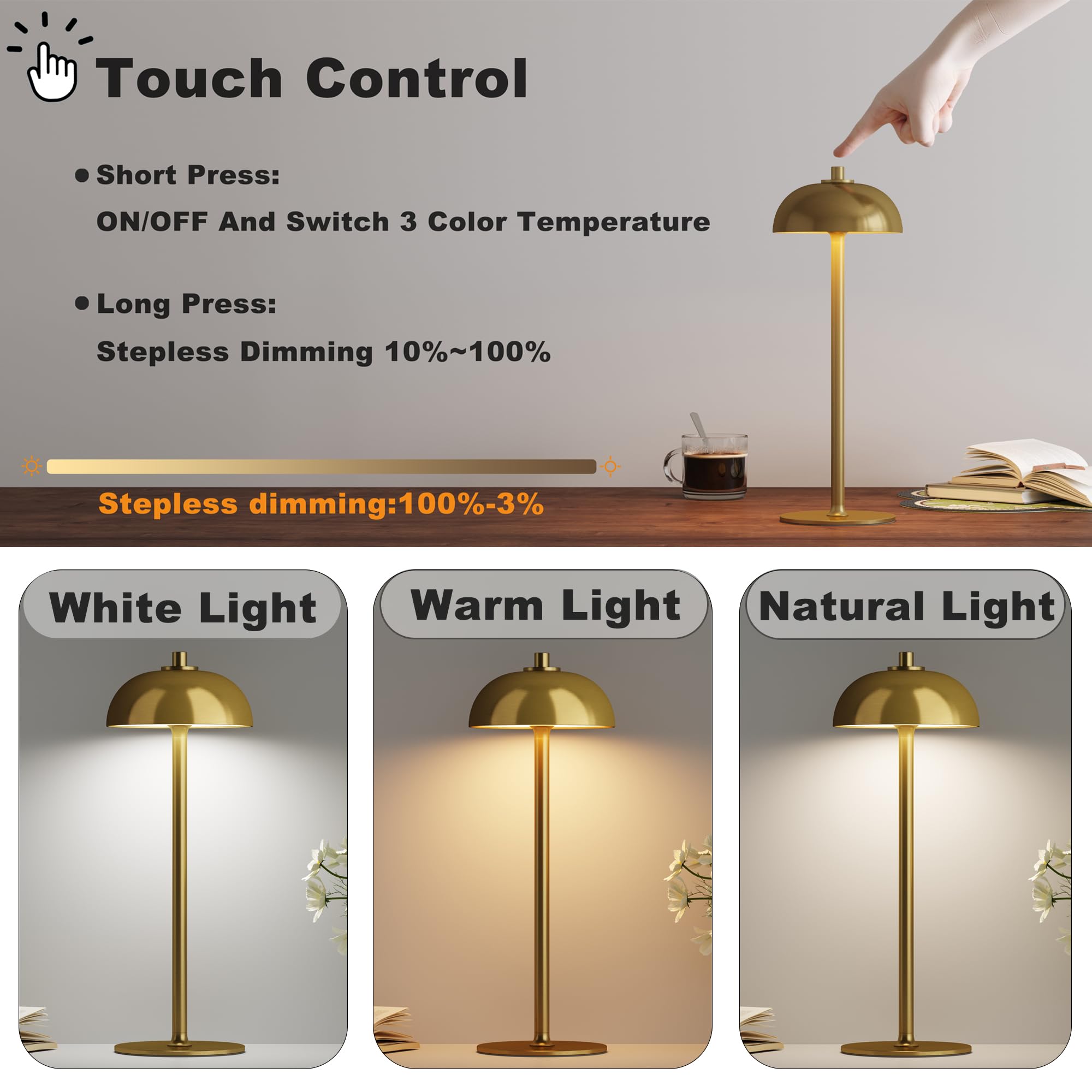 JONEMO Cordless Table Lamp, 5000mAh Rechargeable, 3 Color Modes, Stepless Dimming, Brushed Gold, Model MOGU