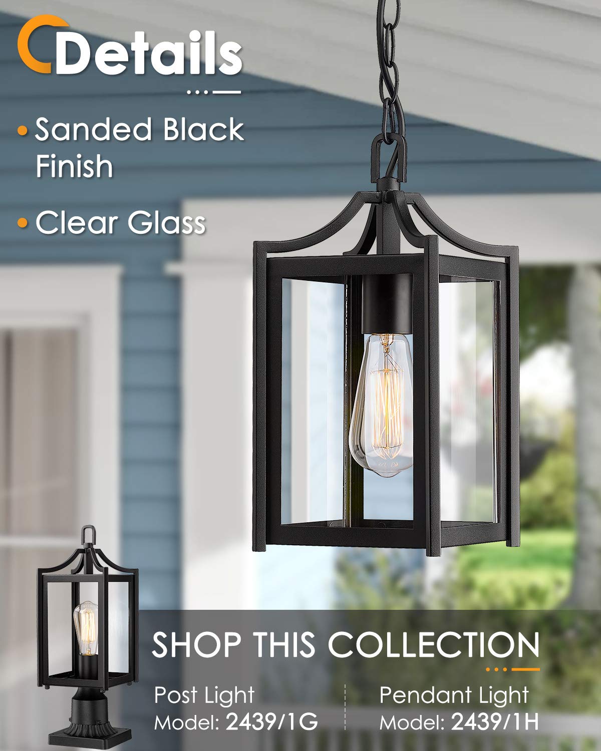 Osimir 14&quot; Black Outdoor Pendant Light With Adjustable Chain & Clear Glass Shade