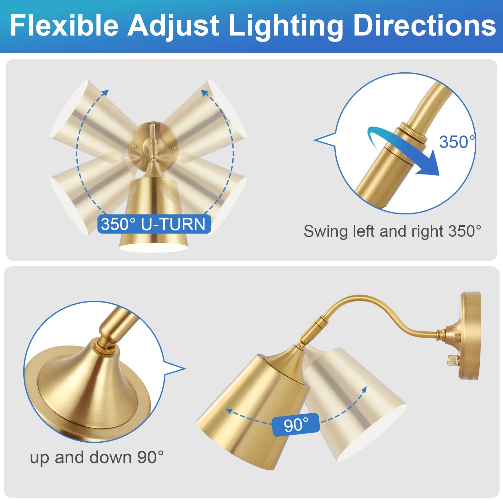 TRLIFE Wall Sconce Plug in, Dimmable Wall Sconces Adjustable Gold Wall Lights with Plug in Cord and Dimmer On/Off Knob Switch, W