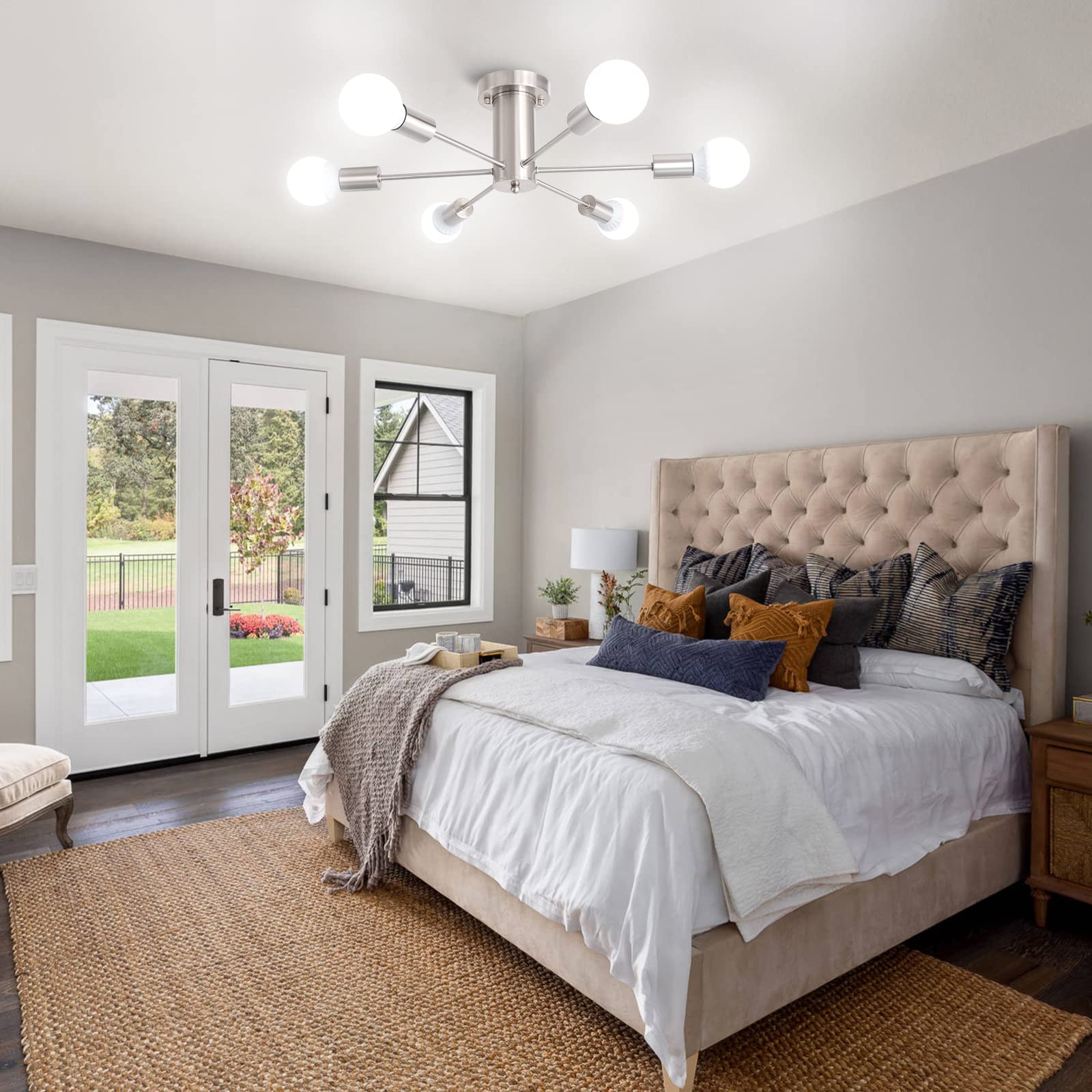 Kostomo Kitchen Light Fixtures 6 Lights Ceiling Lights Fixture Nickel Modern Semi Flush Mount Lighting Sputnik Chandelier For Be