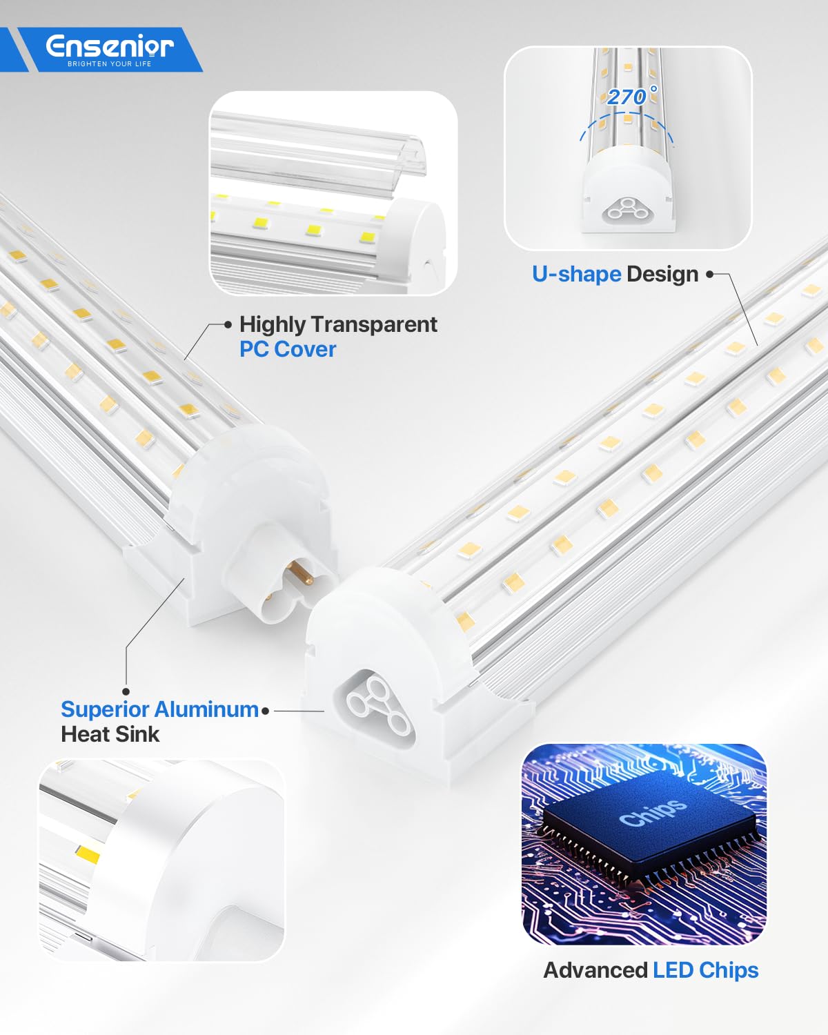 Ensenior 4 Pack 8 Ft Led Shop Lights, 6000K Clear White, 10000Lm Super Bright, 72W Equivalency 936W, Commercial Bay Lighting, U-