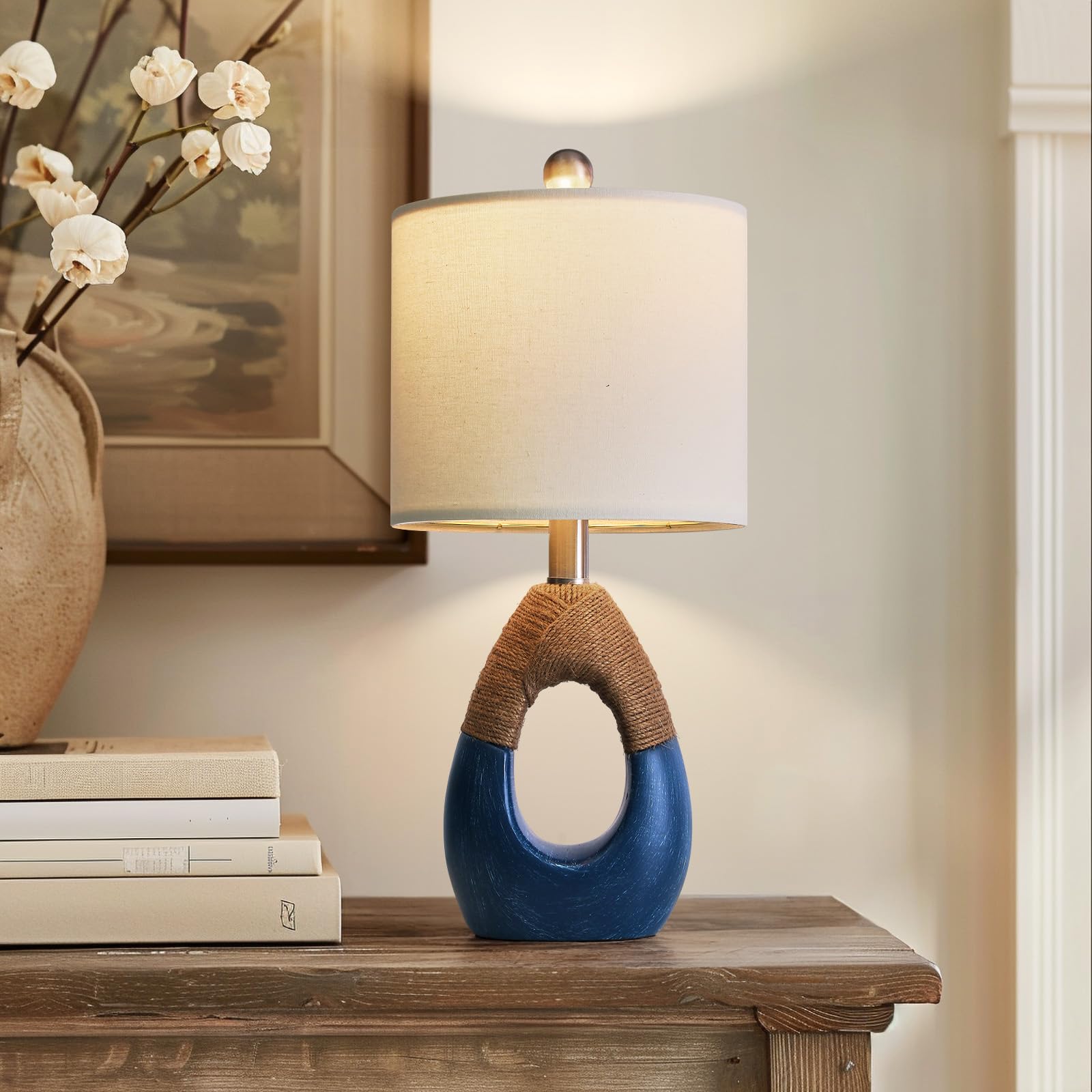 OYEARS 19 Table Lamp for Living Room Boho Lamp for Bedroom  Bedside for Nightstands  Suitable for Small Space Coastal Farmhouse  End Table  Rattan Nautical Beach Style  Blue 1 Pack