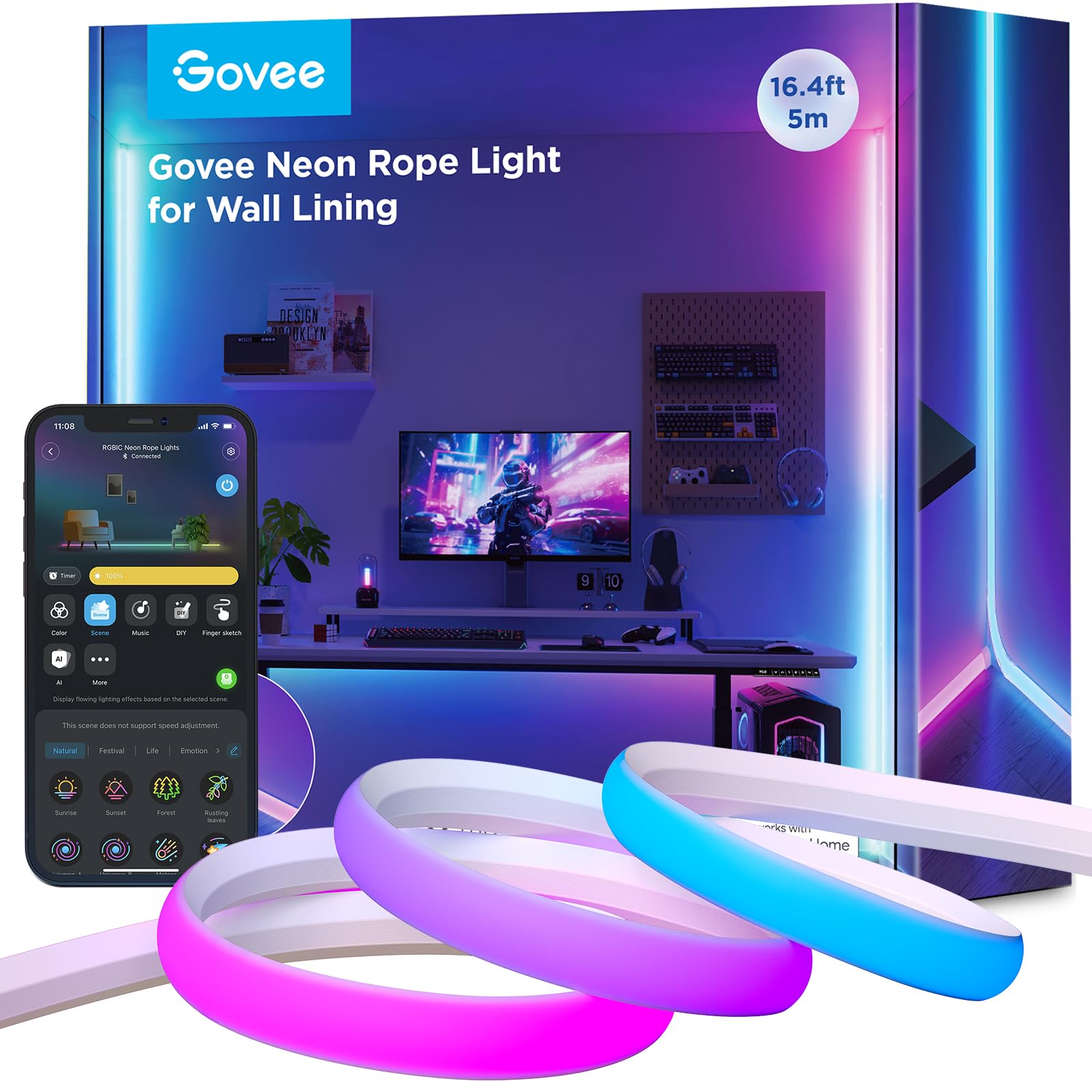 Govee Neon Rope Light for Wall Lining, LED Rope Lights Work with Matter, Google Assistant, Alexa, 16.4ft RGBIC Strip Lights with