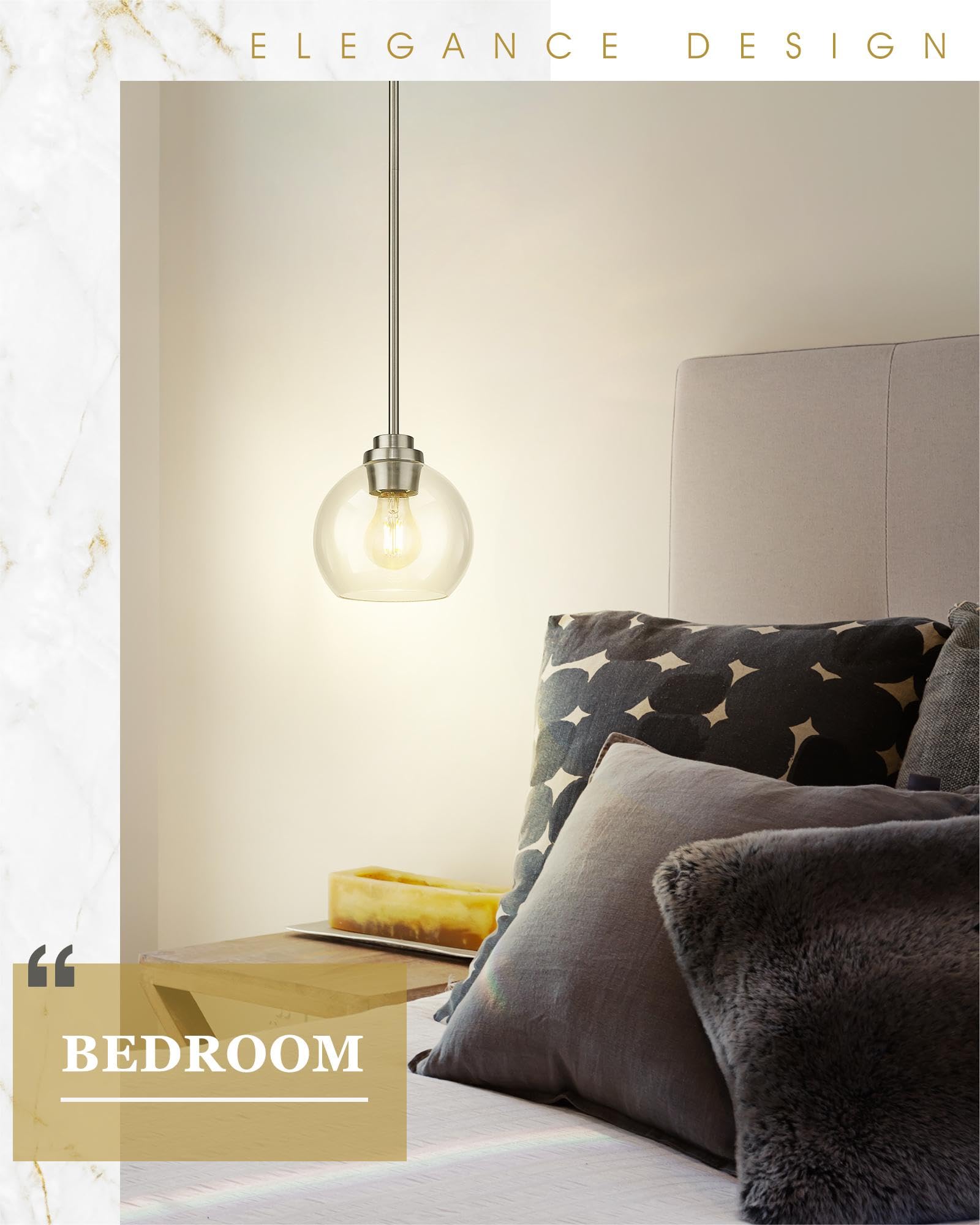 Audickic Pendant Lights Kitchen Island 2 Pack, 7&quot; Modern Brushed Nickel Hanging Lights Fixtures With Clear Glass Globe Shade, Kitchen Island Lighting For Bathroom, Ad-22280-1P2-Sn-C