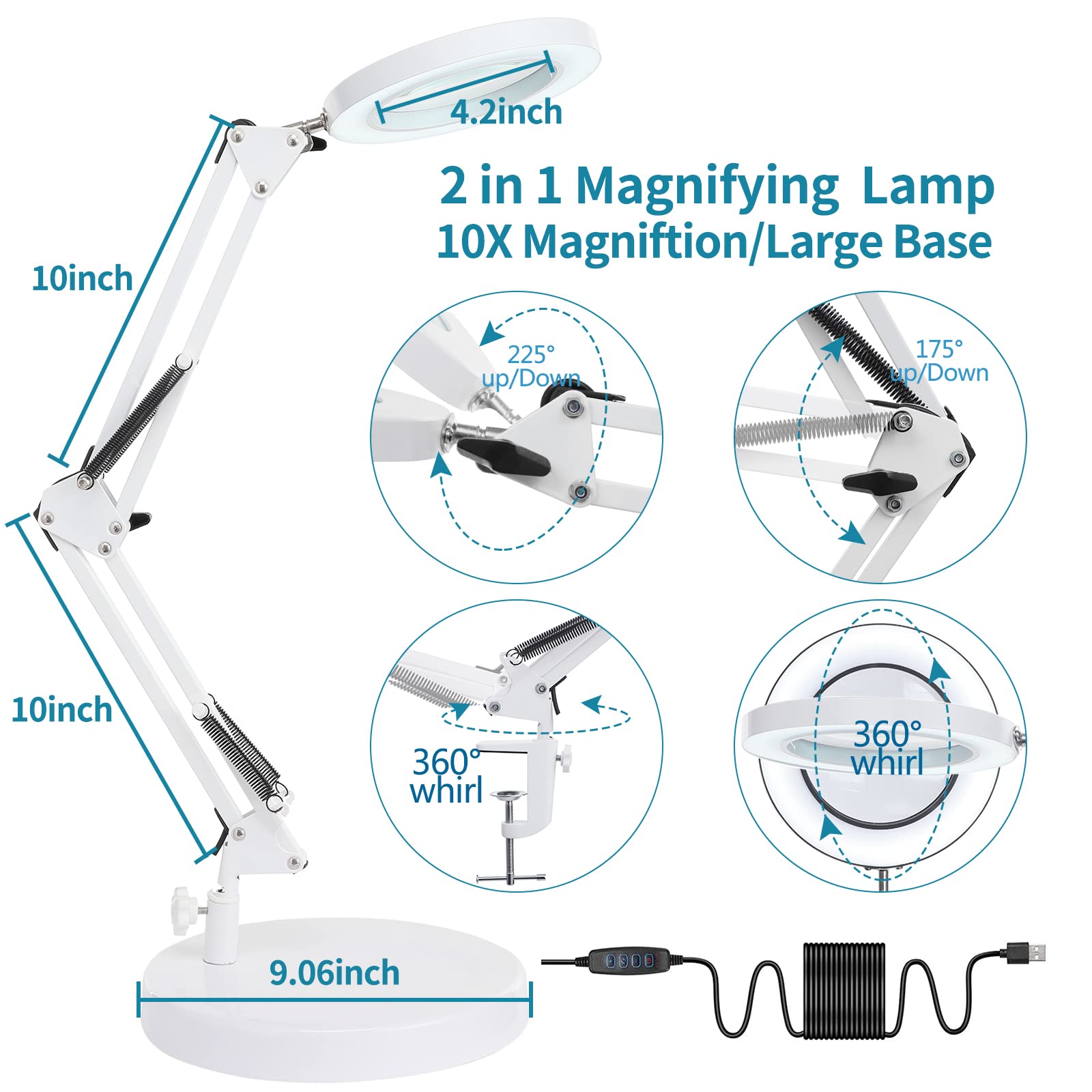 4.2'' 10X Magnifying Glass With Light, Kuvrs 1800 Lumen With 72 Led Lights, 3 Color Stepless Dimmable Led Magnifying Desk Lamp, Swing Arm & Clamp Magnifier With Light For Crafts Soldering Close Work
