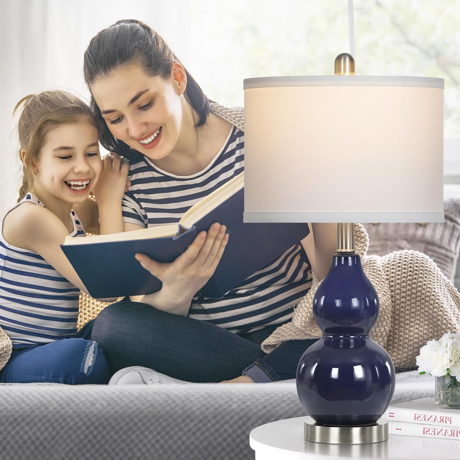 Rinweey Double Gourd Ceramic Table Lamps Set Of 2, Modern Navy Blue Bedside Lamps For Night Stand, Contemporary Nightstand Lamps