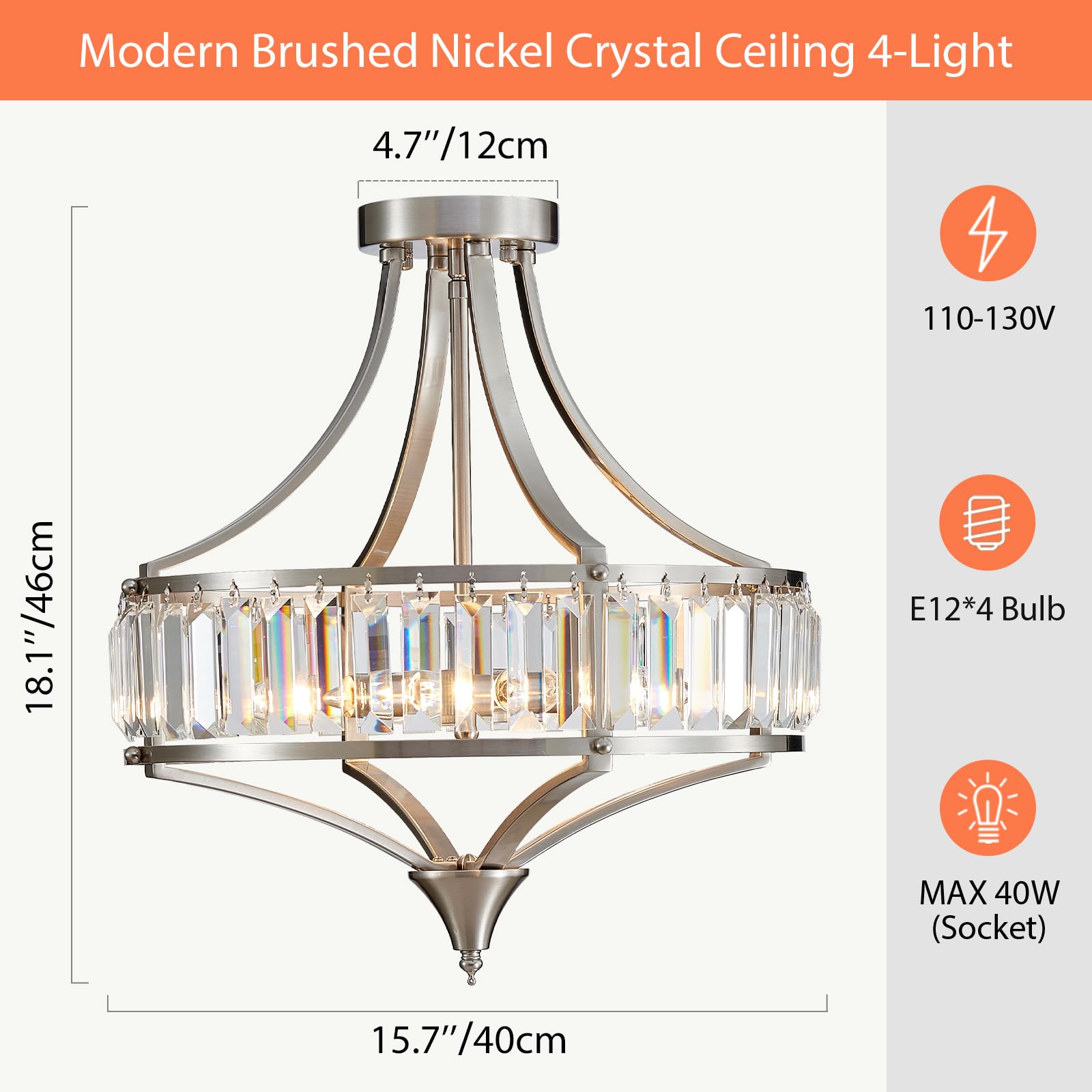 Majhoiw Brushed Nickel 4-Light Crystal Semi Flush Mount Ceiling Light Fixture Rustic Farmhouse Ceiling Lighting With Round Metal