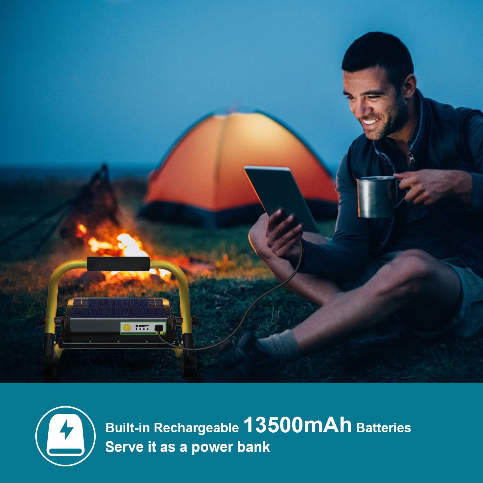 ERAY LED Construction Spotlight, LED Work Light 8000LM 13500mAh LED Work Light 2 Charging Methods / 4 Modes/Power Bank/Remote Co