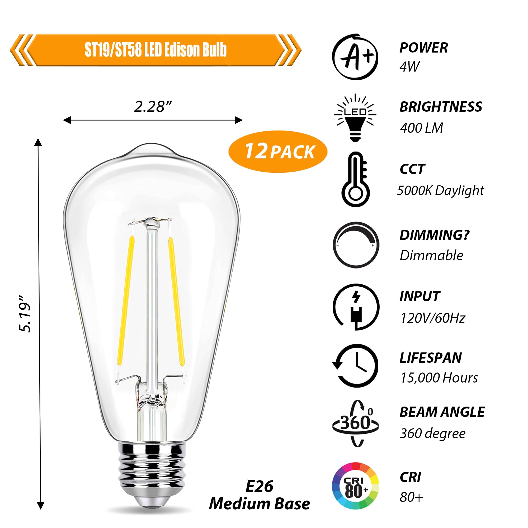 Winsaled 12 Pack Dimmable Led Edison Bulbs 40 Watts Equivalent, 4 Watt Led Filament Bulb, 5000K Daylight St19 Light Bulb, 400Lm