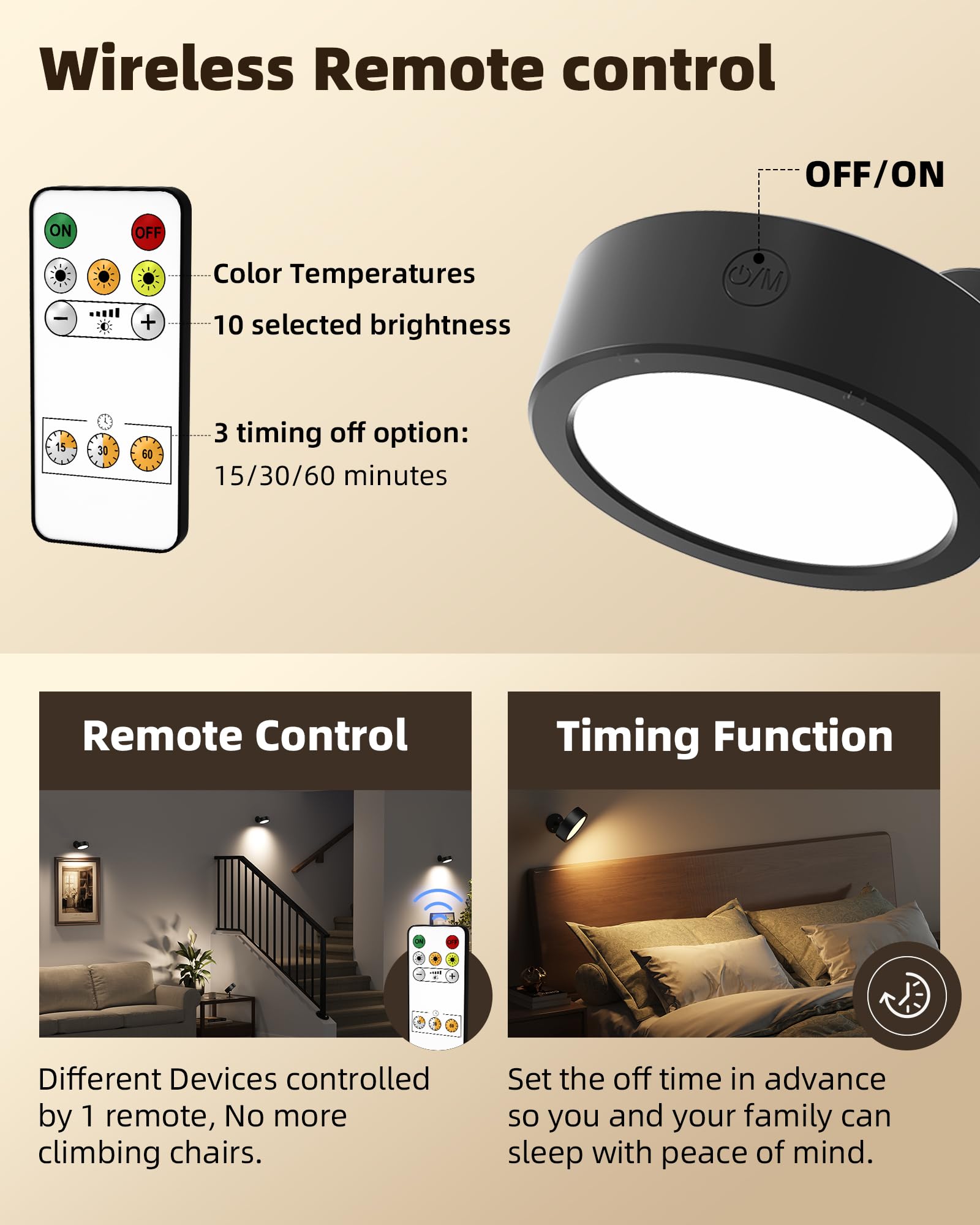 EZVALO LED Wall Mounted Light, 5500mAh Rechargeable, 3 Color Temps, Remote & Touch Control, 360° Dimmable, 1 Pack, Black, Model EZ