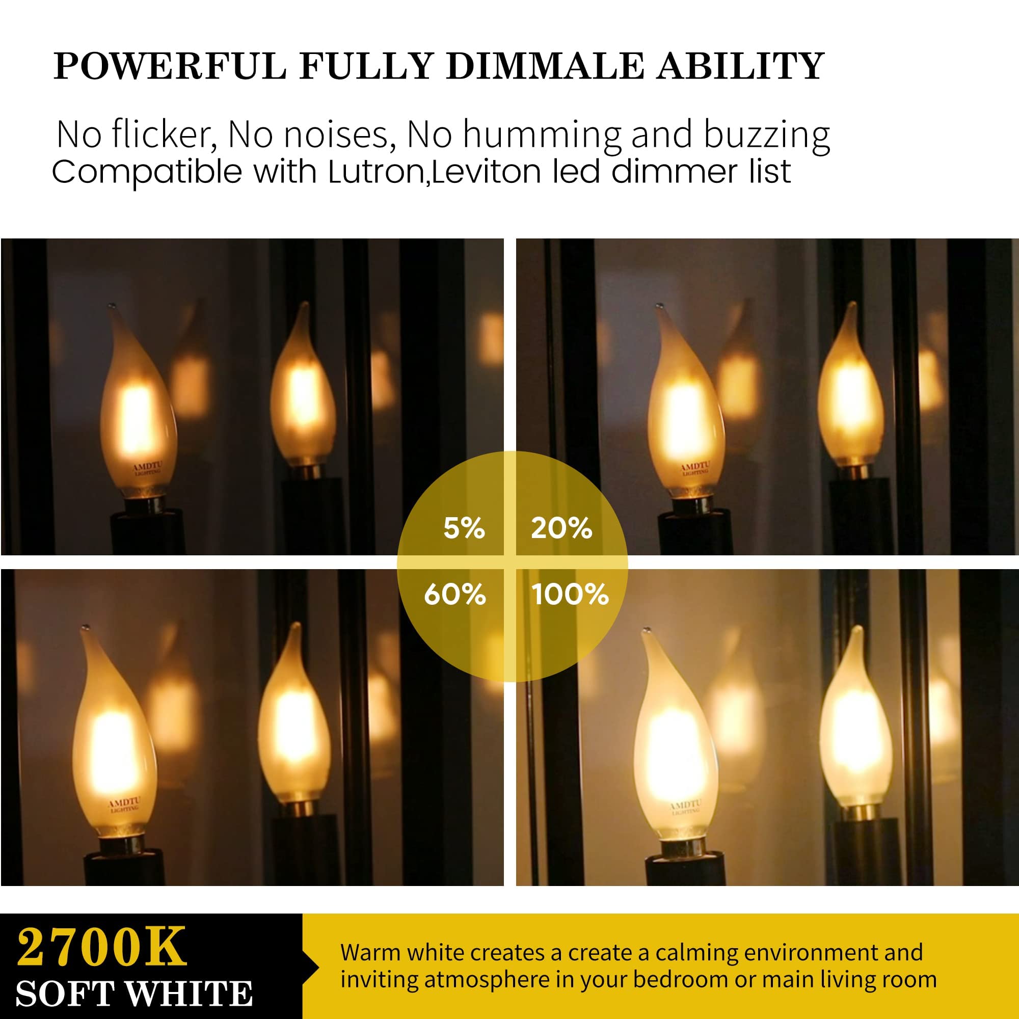 Amdtu 24 Pack Frosted Led Candelabra Light Bulbs, 40 Watt Equivalent Type B Light Bulbs Soft White 2700K, E12 Base Chandelier Li