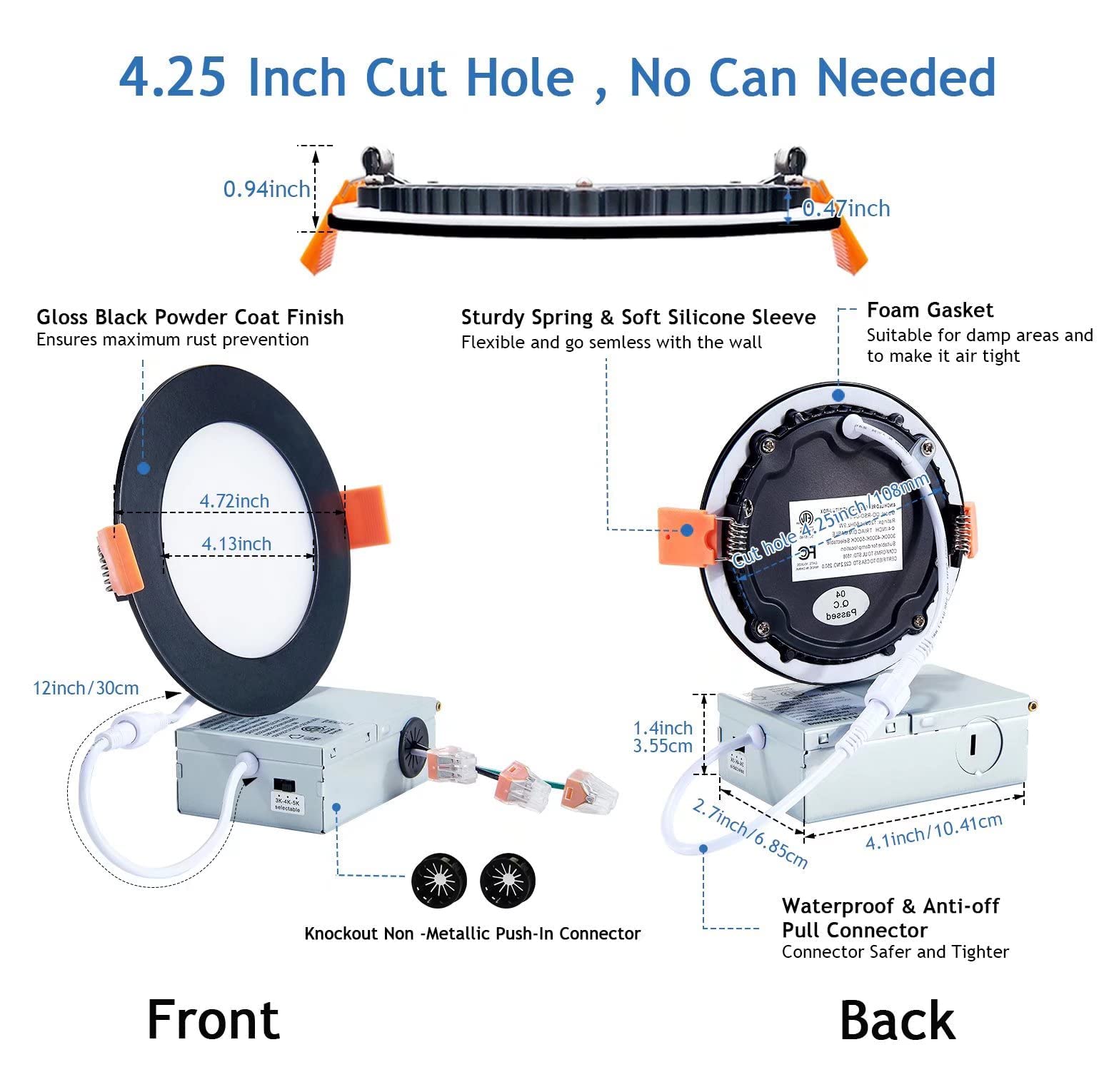 Cycevsun Black Recessed Lights, Canless 4 Inch Soffit Wafer Pot Lighting With Junction Box, Dimmable & 5 Color Temperature Selectable, 9W, 120V, Wet & Ic Rated, Etl, 6 Pack