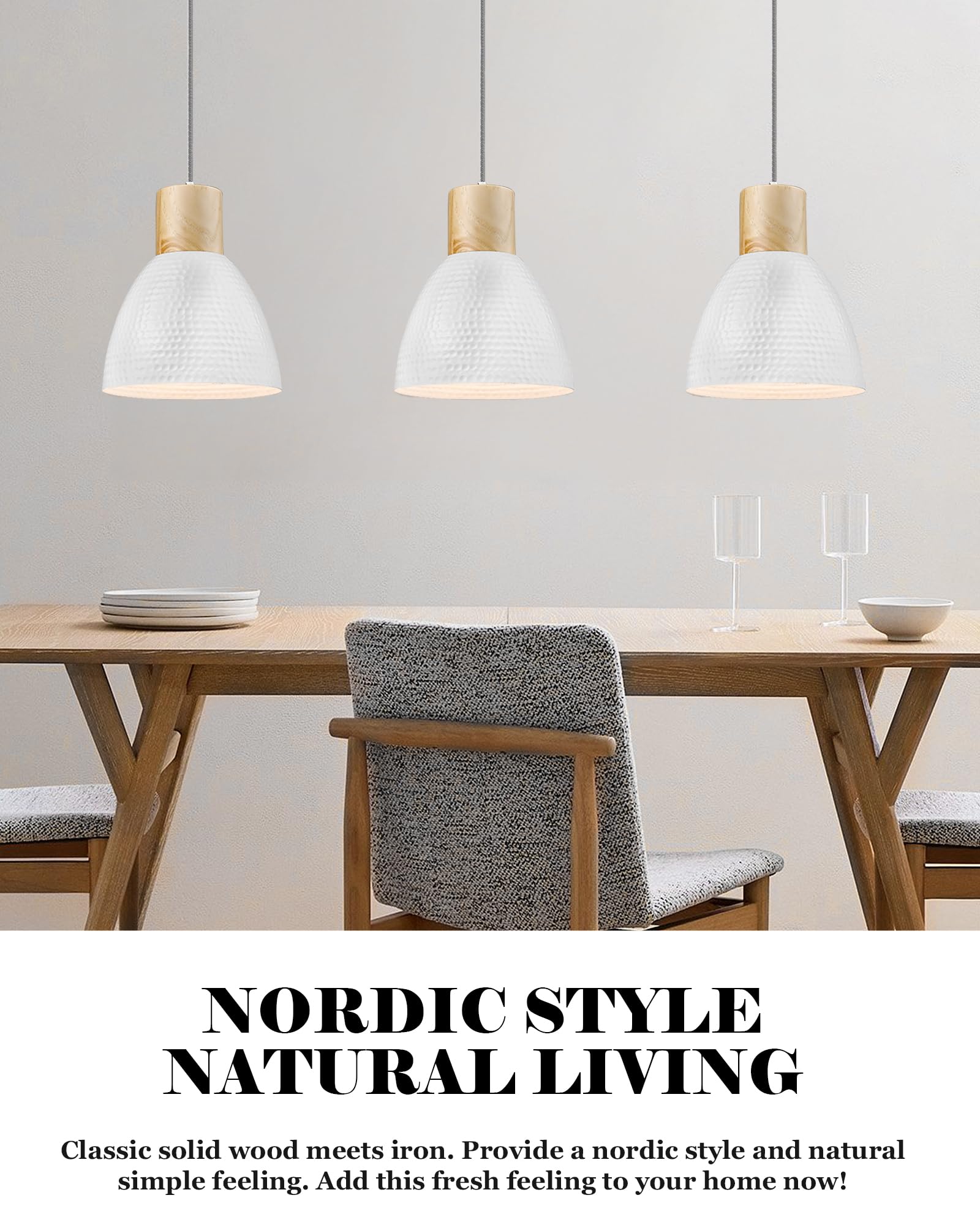 Elyona 3 Pack White Hammered Pendant Lights - Nordic Solid Wood Fixtures For Kitchen & Dining