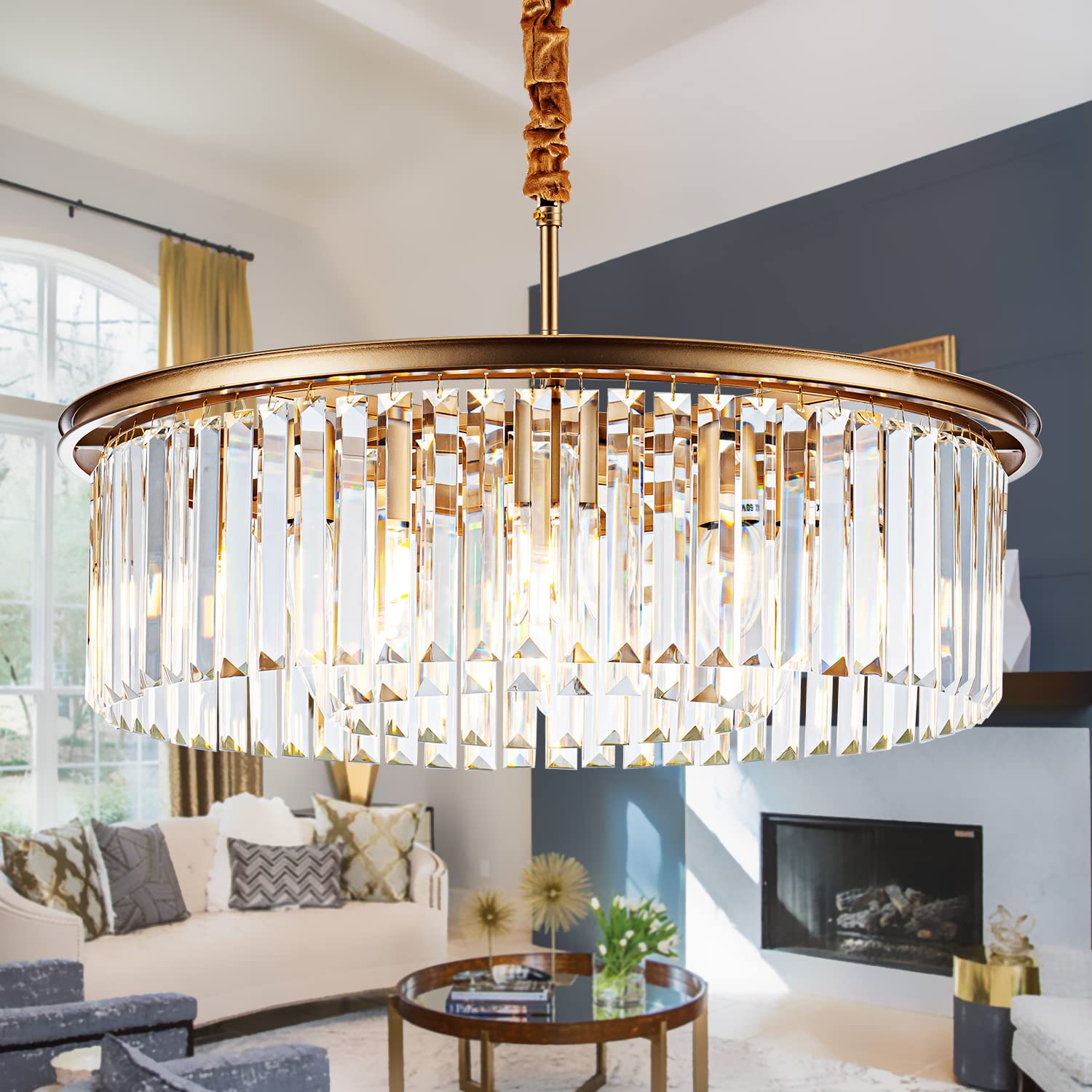 Lighceac 23" 8-Light Modern Crystal Chandelier Light Fixtures 2 Rings Gold Luxury Chandeliers For Dining Room Round Hanging Pendant Lighting For Living Room Kitchen Entryway Bedroom
