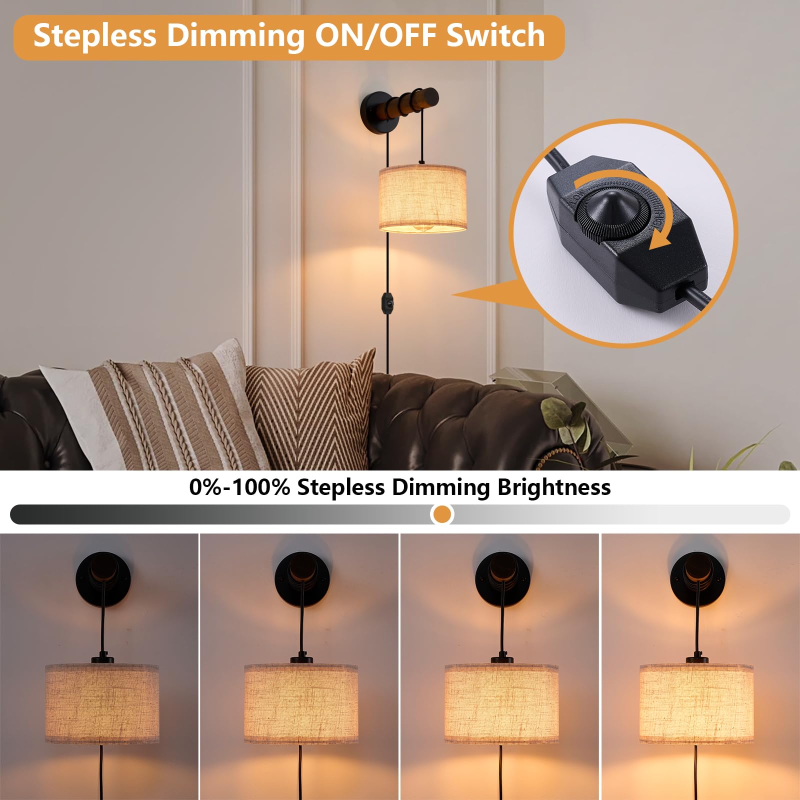 Xsdetu Plug In Wall Sconces Set Of 2  Farmhouse Wall Lamp With 5.9Ft Plug In Cord  Dimmable Hanging Wall Lighting With Fabric Shade  Adjustable Wall Mount Lights For Bedroom Living Room  Wooden Arm