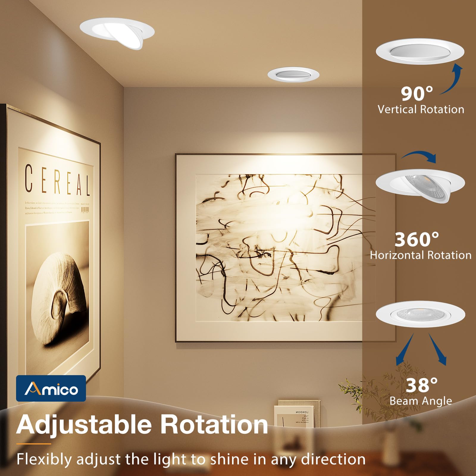 Amico 4 Pack 4 Inch 5Cct Gimbal Led Recessed Lighting  360&90 Adjustable Eyeball Directional Downlight  Dimmable  2700K/3000K/3500K/4000K/5000K Selectable  Cri90+ 9W 700Lm  Etl&Fcc