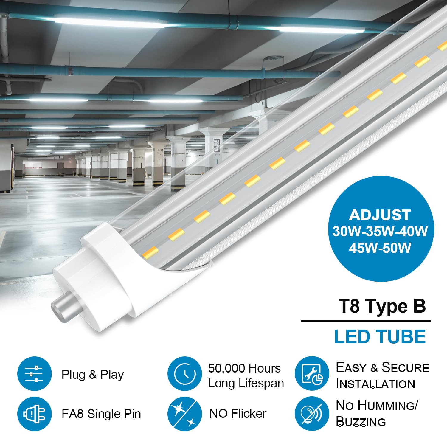 rgbylediison T8 T12 8FT LED Bulbs 6CCT 3000K-6500K FA8 Type B Clear (6 Pack) Ballast Bypass, Super