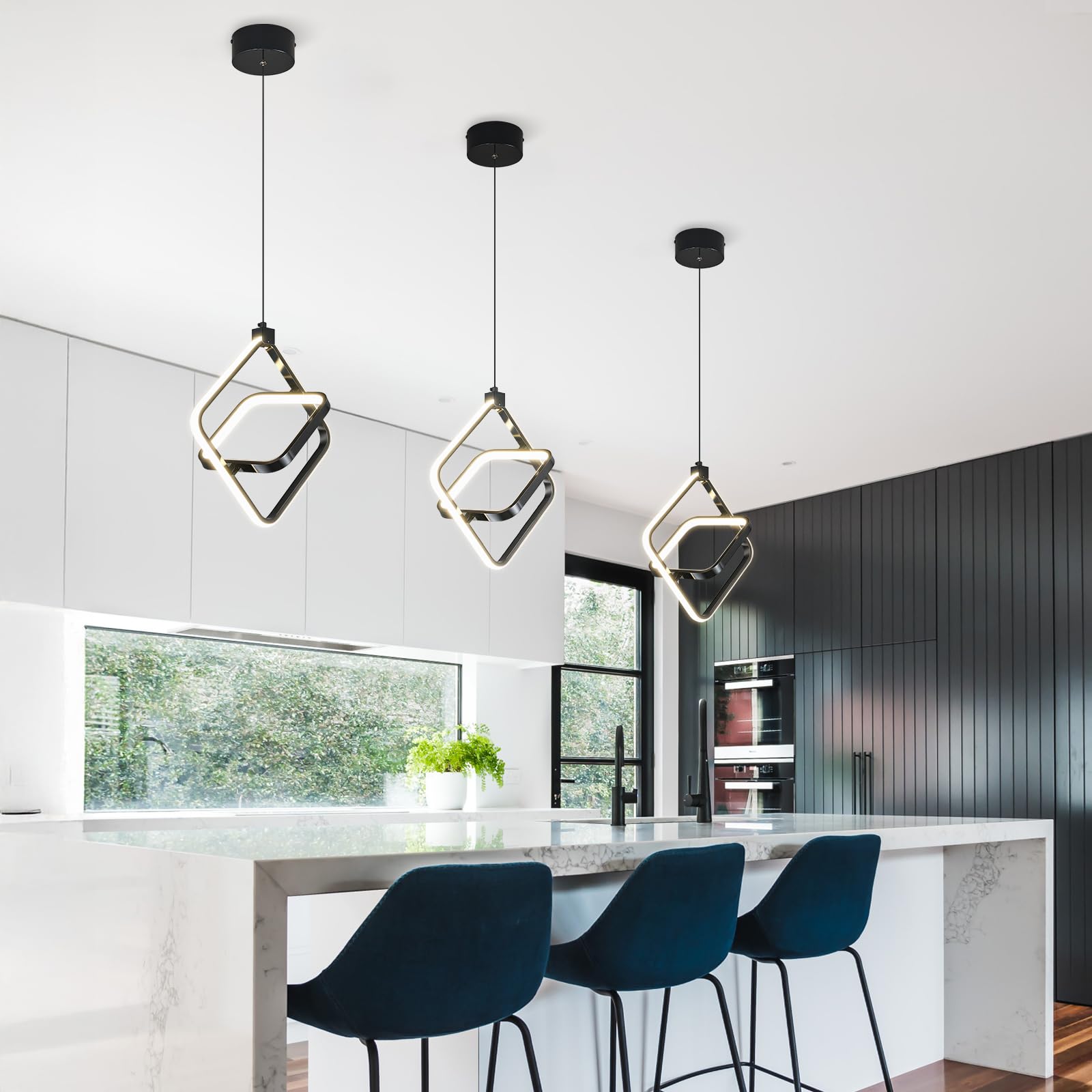 Bnhhlz Modern Led Pendant Lights Plated Black Rectangular Pendant Light Fixtures 4000K 20W Dimmable Pendant Lighting For Dining Room Kitchen Island Bedroom Living Room Foyer(1-Pack)