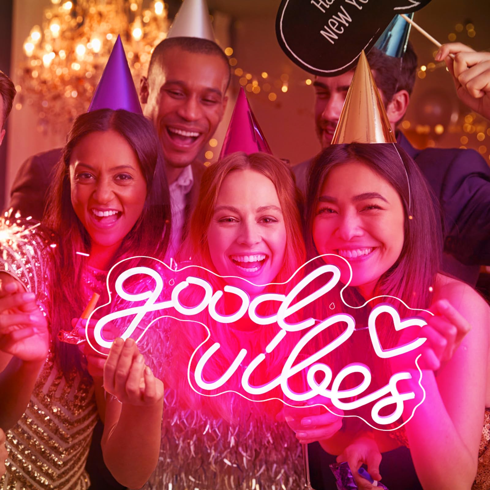 SERBASIC Neon Sign, Dimmable Good Vibes Only, 16inx8in, Pink, Model 820110005, USB Powered Wall Decor for Bedroom, Party, Wedding