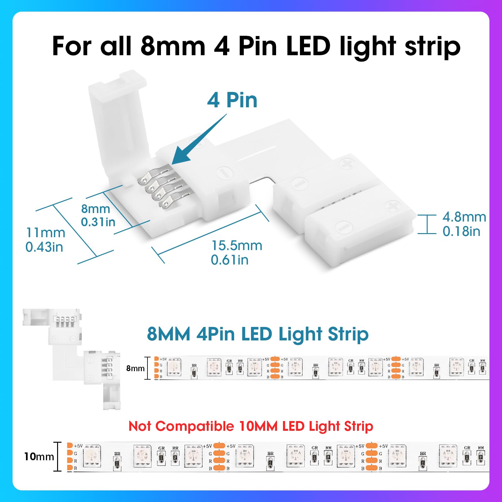 Wenhsin 10-Packs L Shape 4-Pin Led Connectors For Led Strip Lights 8Mm Width Unwired Gapless Solderless Adapter Extension